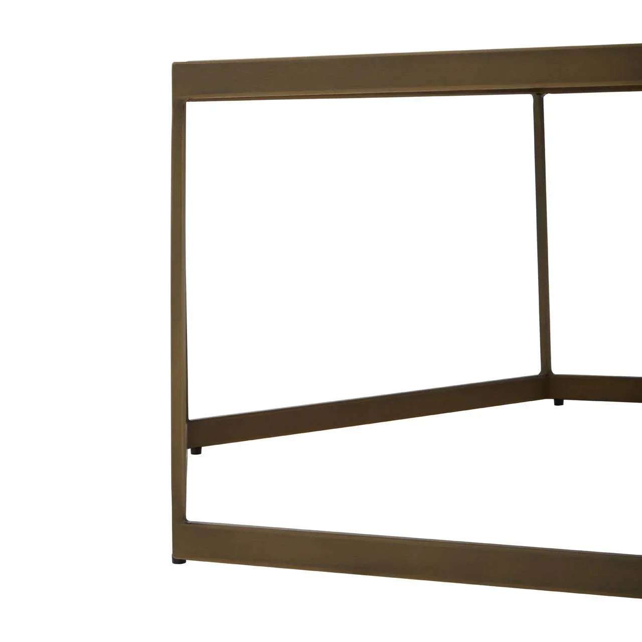 Brushed gold metal coffee table frame with modern geometric base, close up angle
