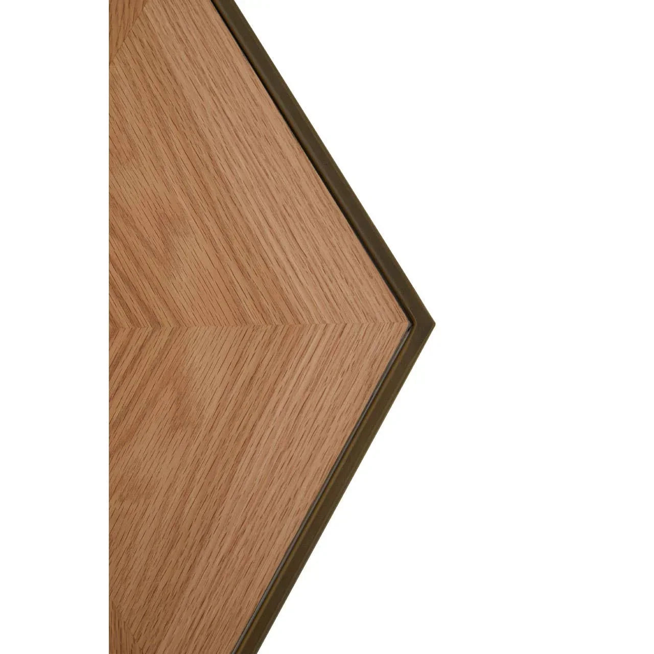 Close up of wooden table corner with chevron pattern and metal trim