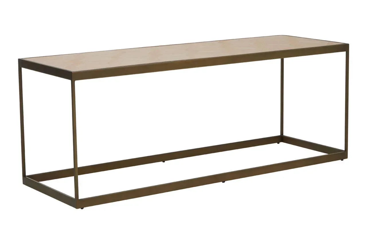 Rectangular console table with gold metal frame and light wood top