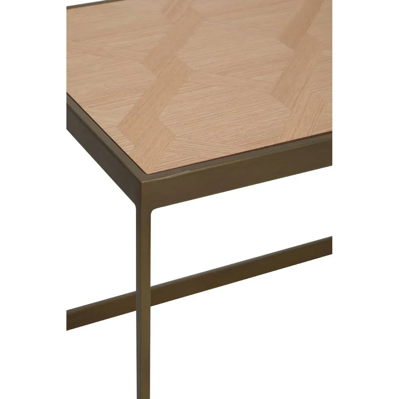 Closeup of modern side table with light wood top and slim metal frame