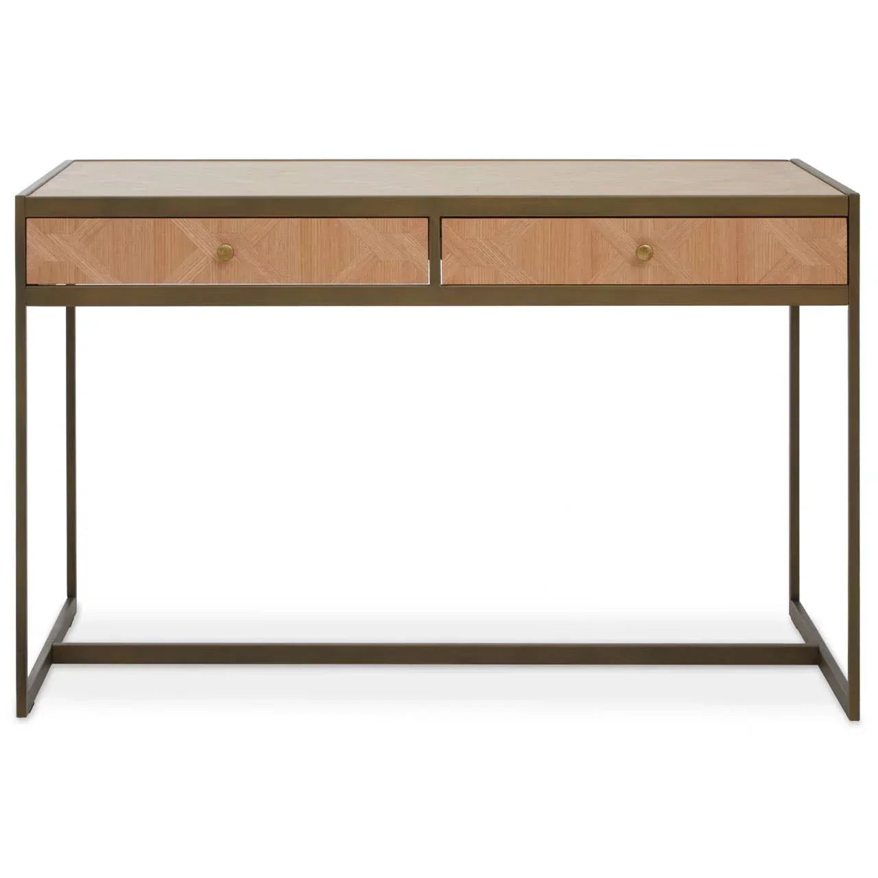 Wooden console table with two drawers and slim metal frame, front view