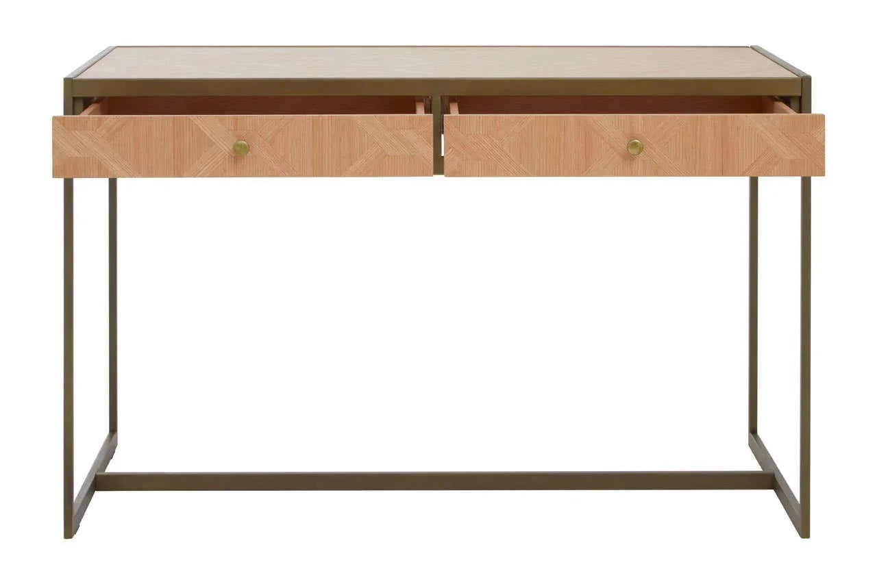 Modern wooden desk with metal frame and two open front drawers