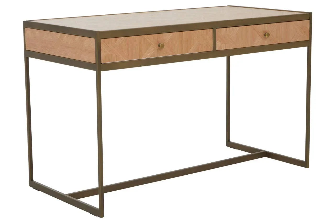 Modern wooden desk with metal frame and two front drawers