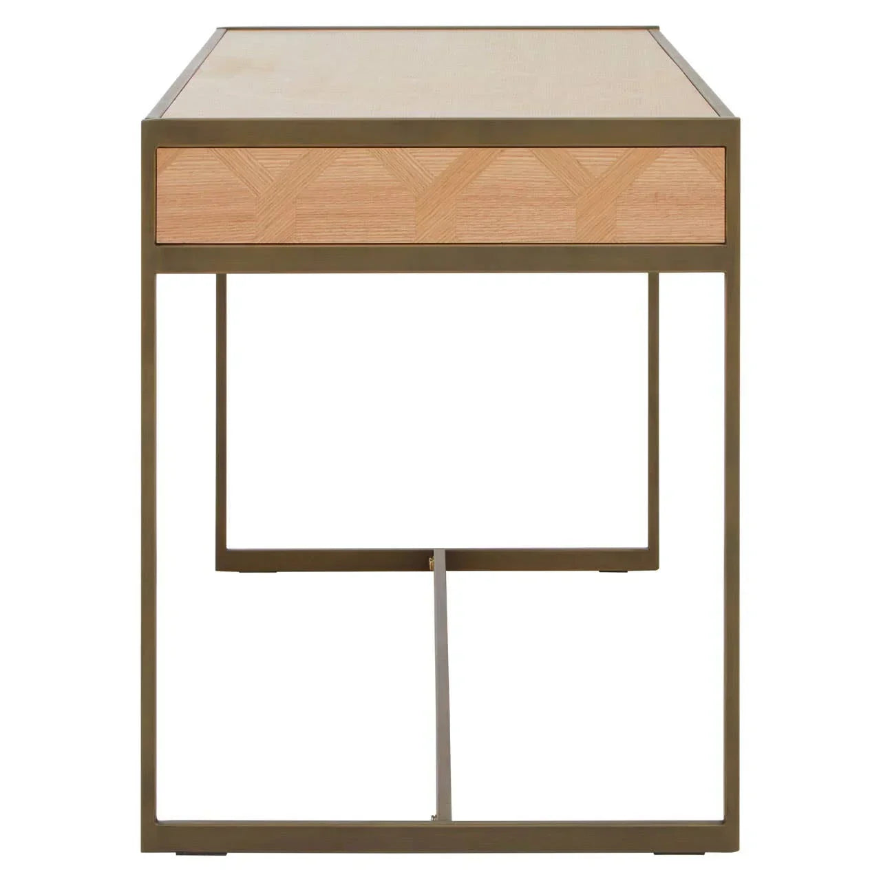 Modern wooden console table with geometric drawer front and gold metal frame, front view