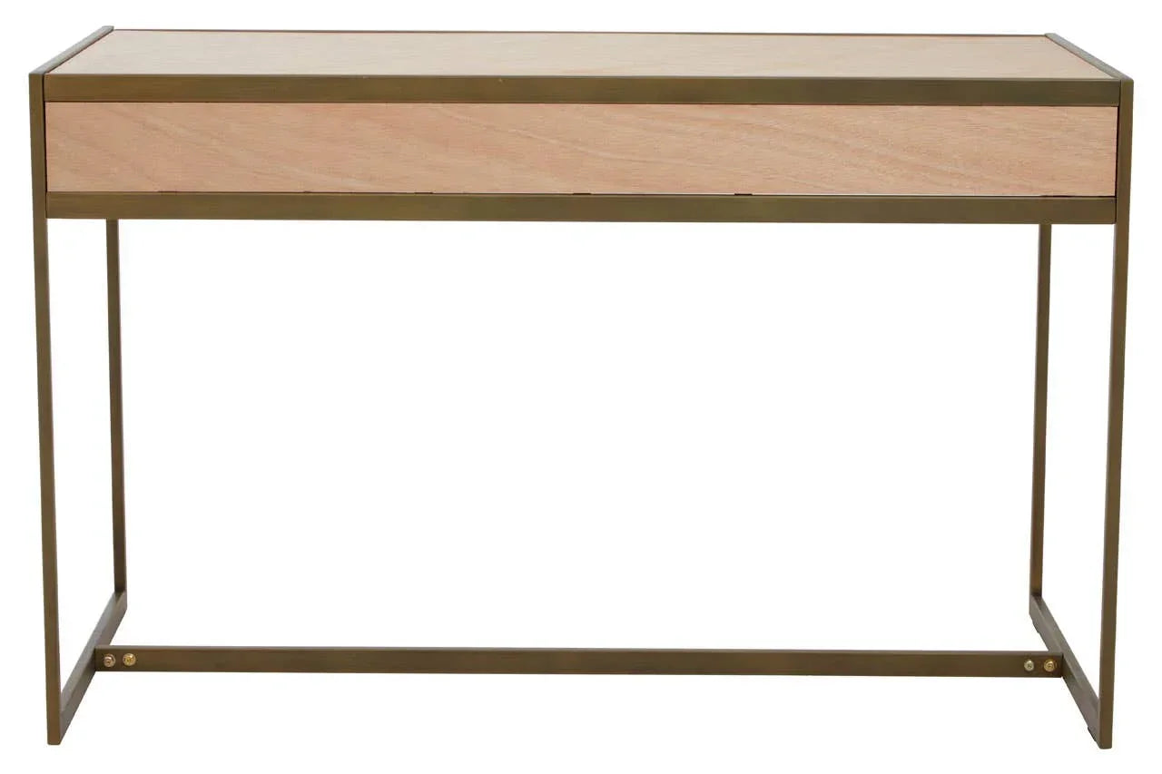 Modern console table with slim metal frame and light wood drawer front, front view
