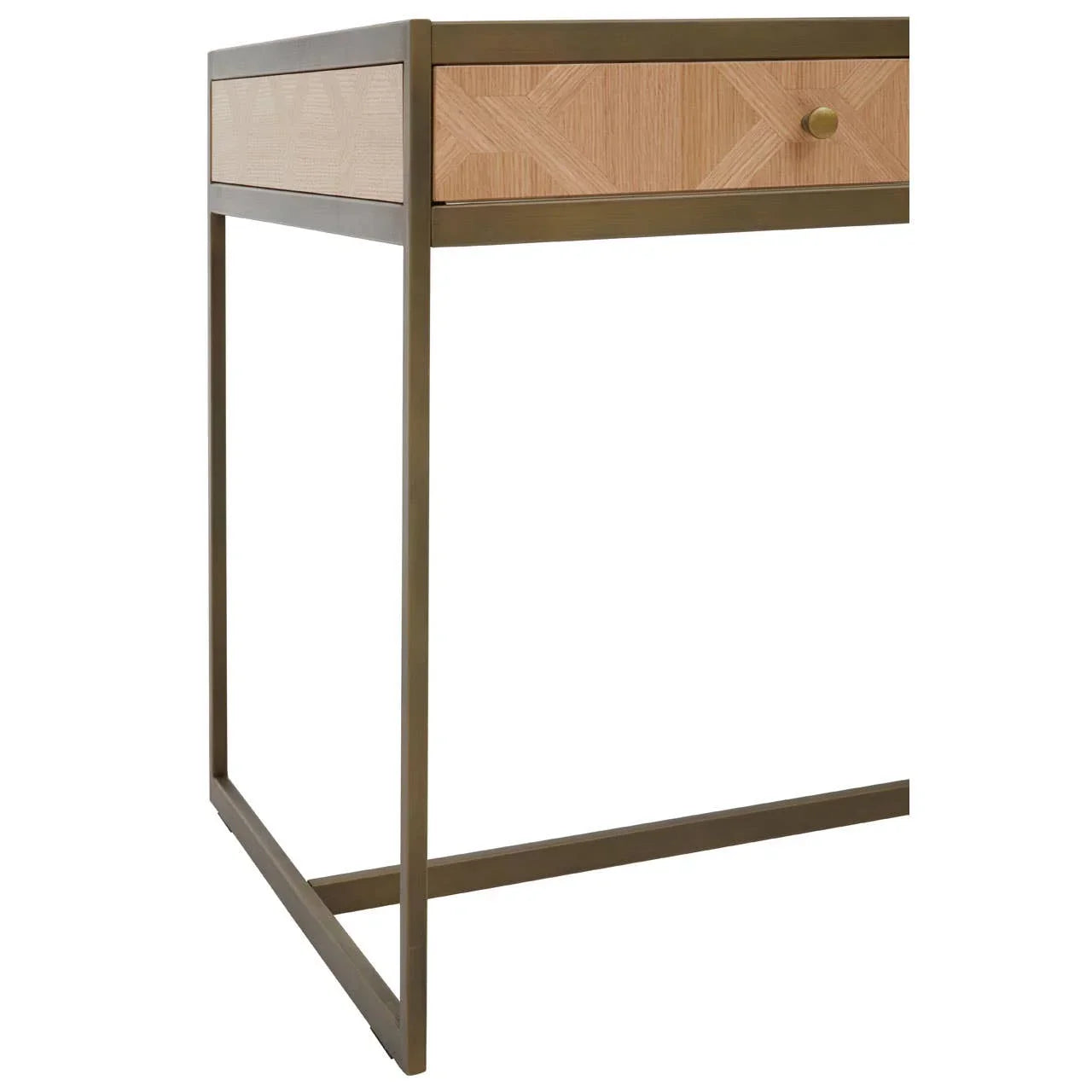 Wood and metal side table with single drawer and brass handle, angled front view
