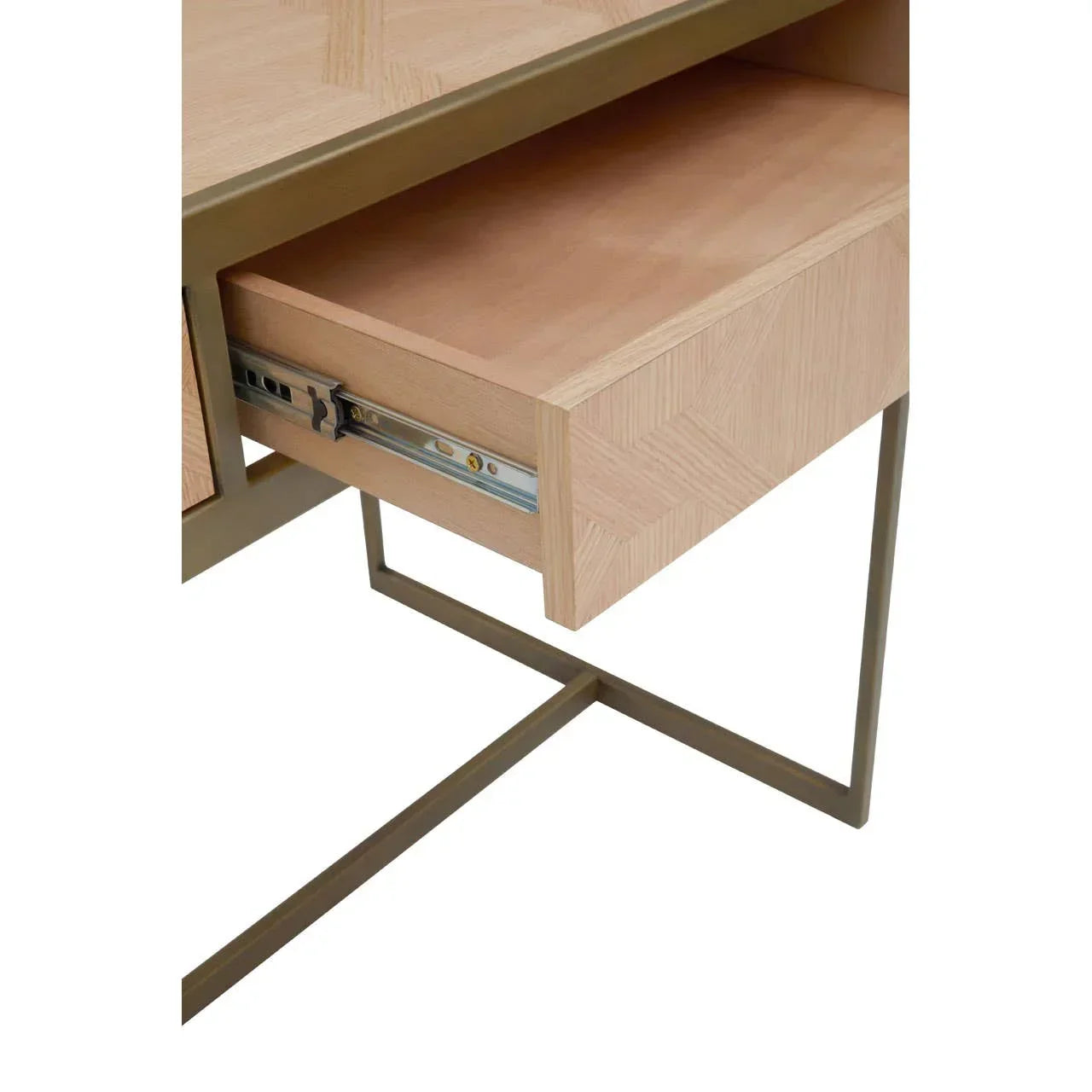 Wooden desk with open drawer and metal frame, closeup of leg and drawer mechanism