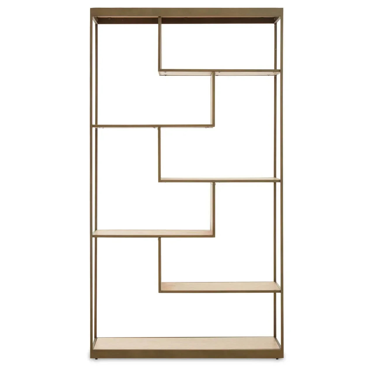 Gold metal and wood shelving unit with geometric open shelves and minimalist design