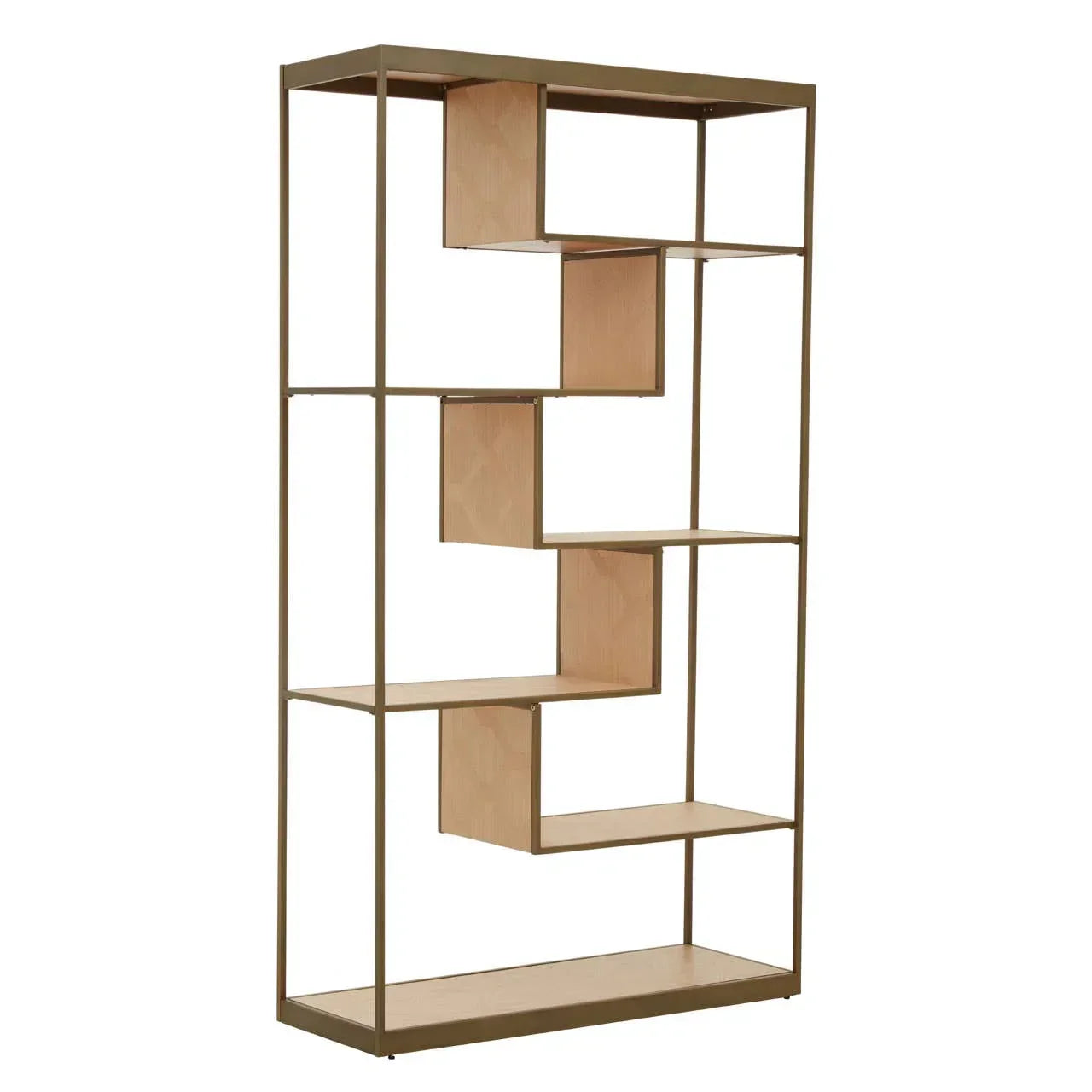 Modern bookcase with gold metal frame and light wood staggered shelves, front angle view