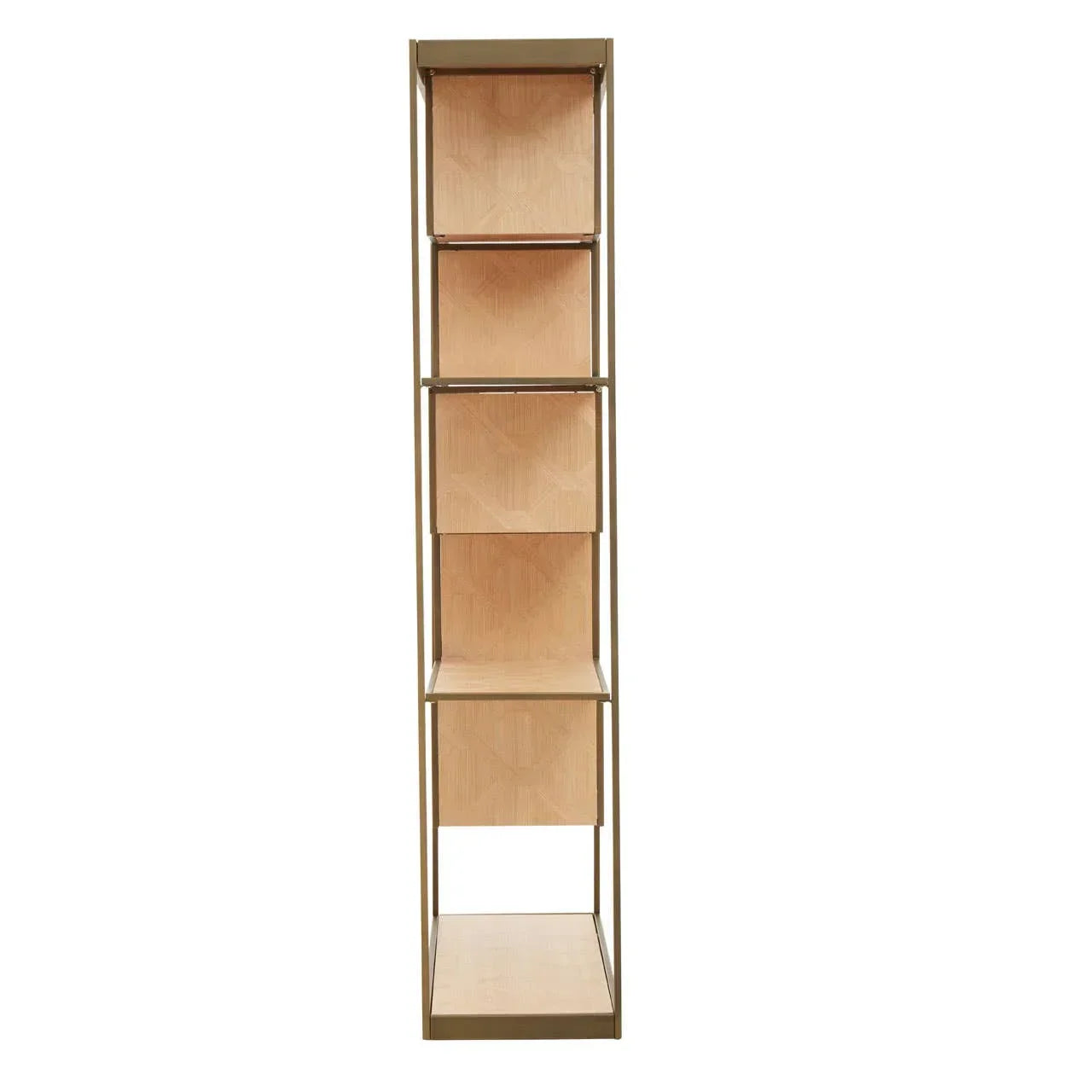 Tall wooden shelving unit with five open compartments and gold frame, front view
