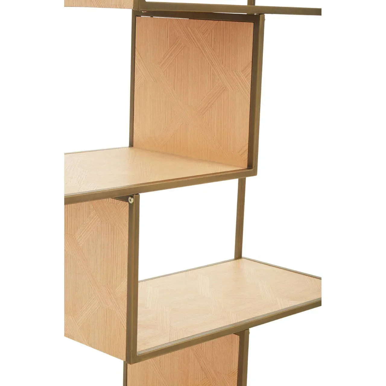 Wooden shelving unit with gold metal frame and geometric pattern panels, close up view