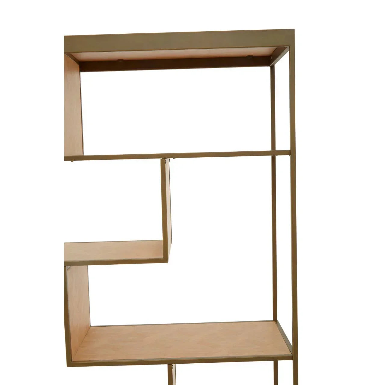 Gold metal frame shelving unit with light wood shelves and geometric layout