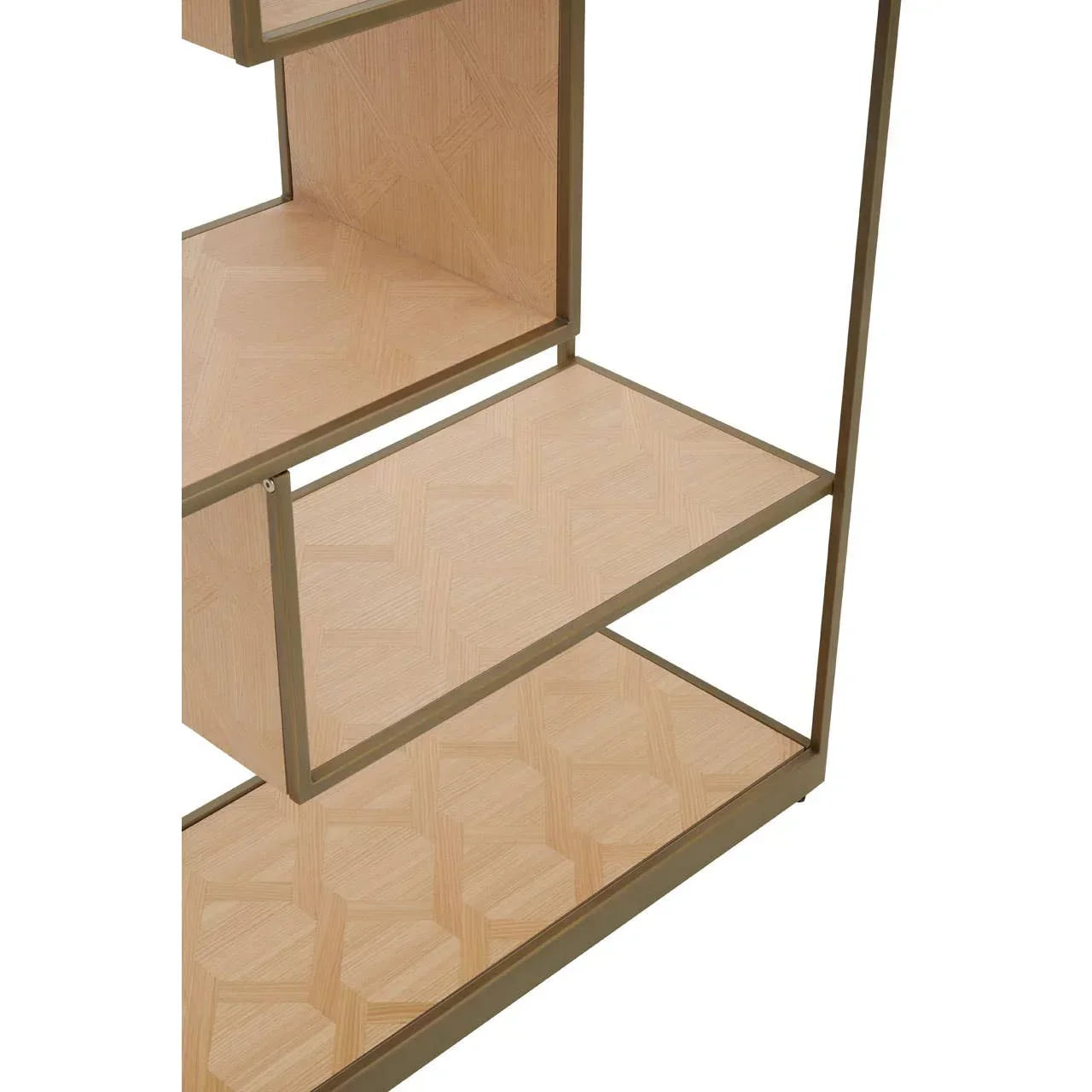 Light wood shelving unit with geometric pattern and metal frame, close-up of shelves