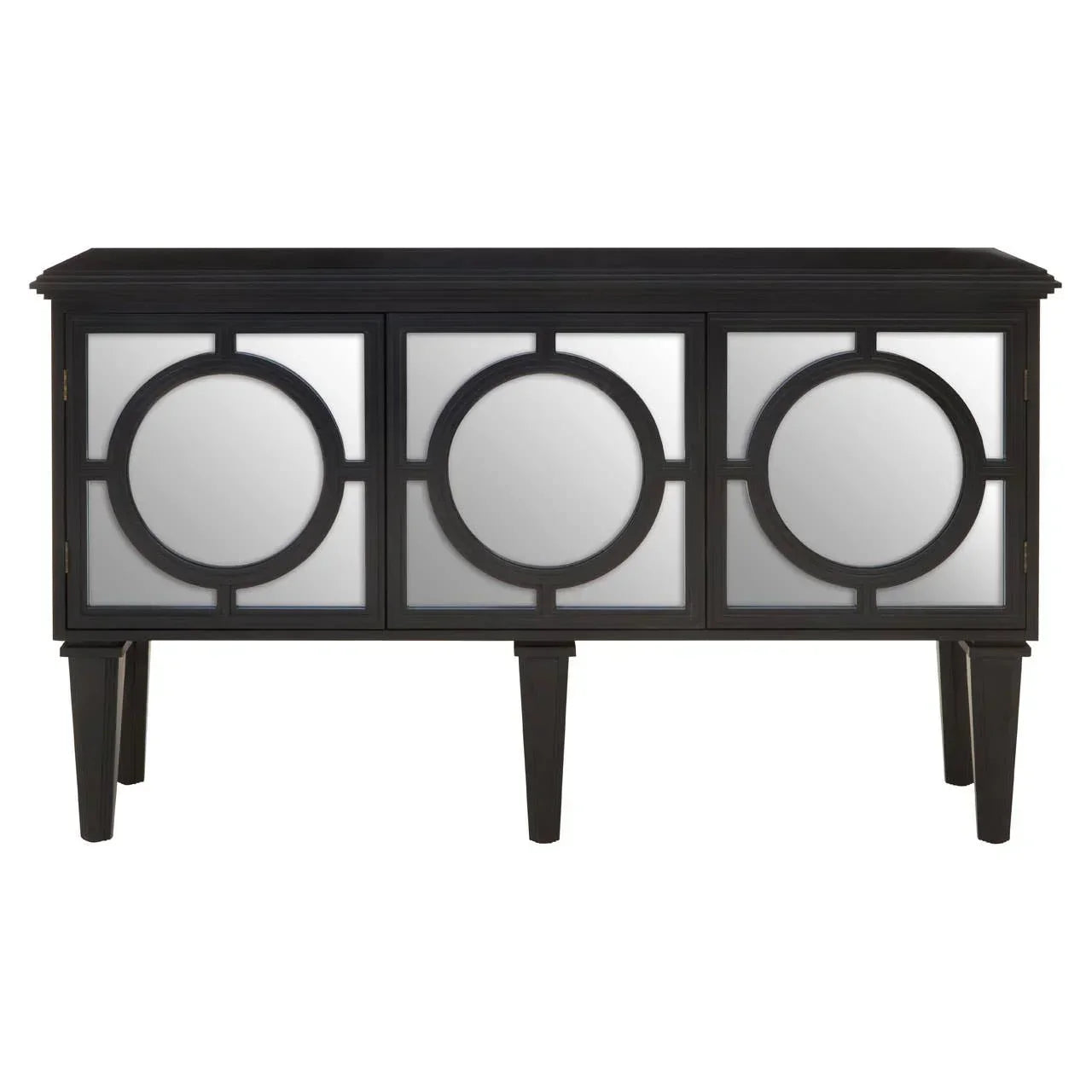 Black mirrored sideboard with circular panel detailing and tapered legs