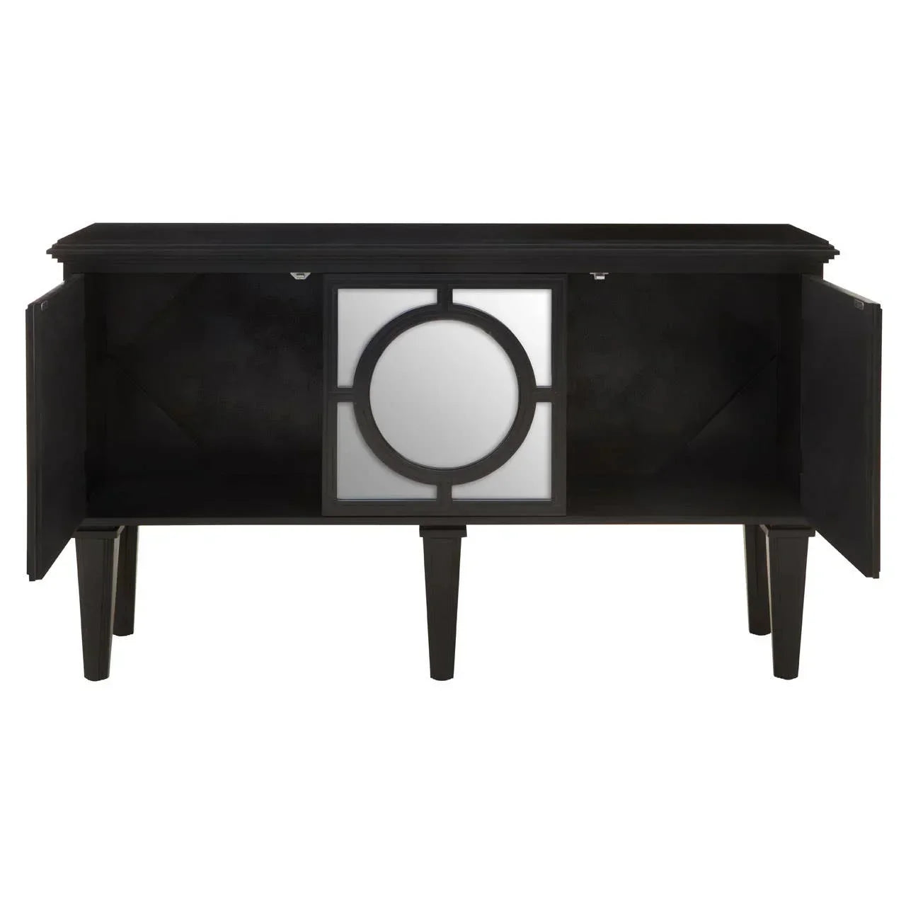 Black sideboard cabinet with mirror front and open doors, showing interior storage space