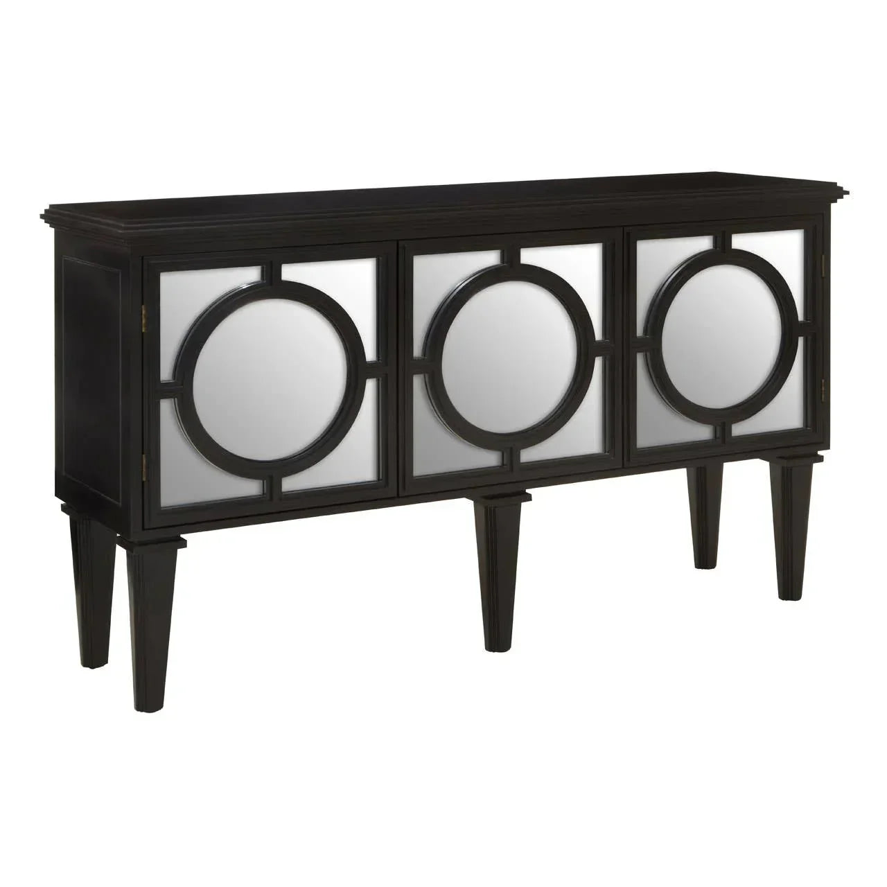 Black mirrored sideboard with geometric circle panel doors and tapered legs