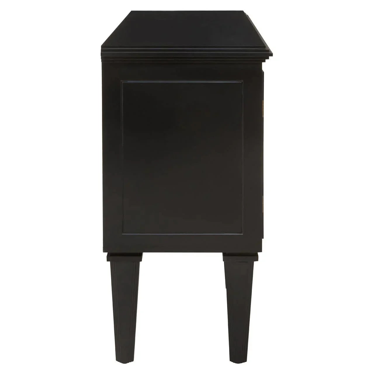 Side view of black wooden cabinet with paneled detailing and tapered legs