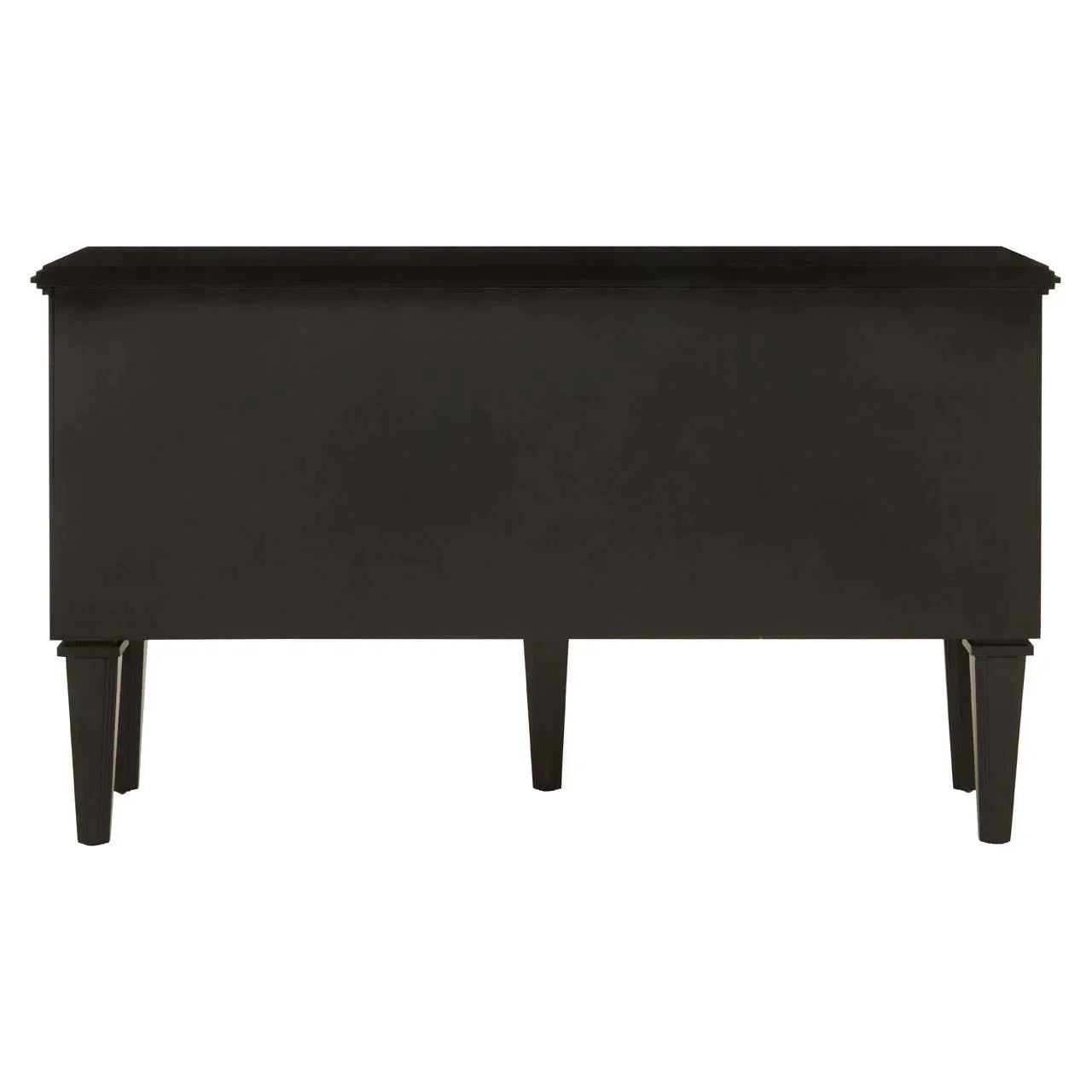 Black wooden storage bench rear view with tapered legs