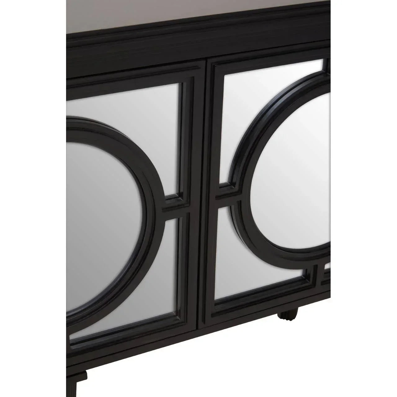 Mirrored sideboard cabinet with black geometric wood detailing on doors, partial front view