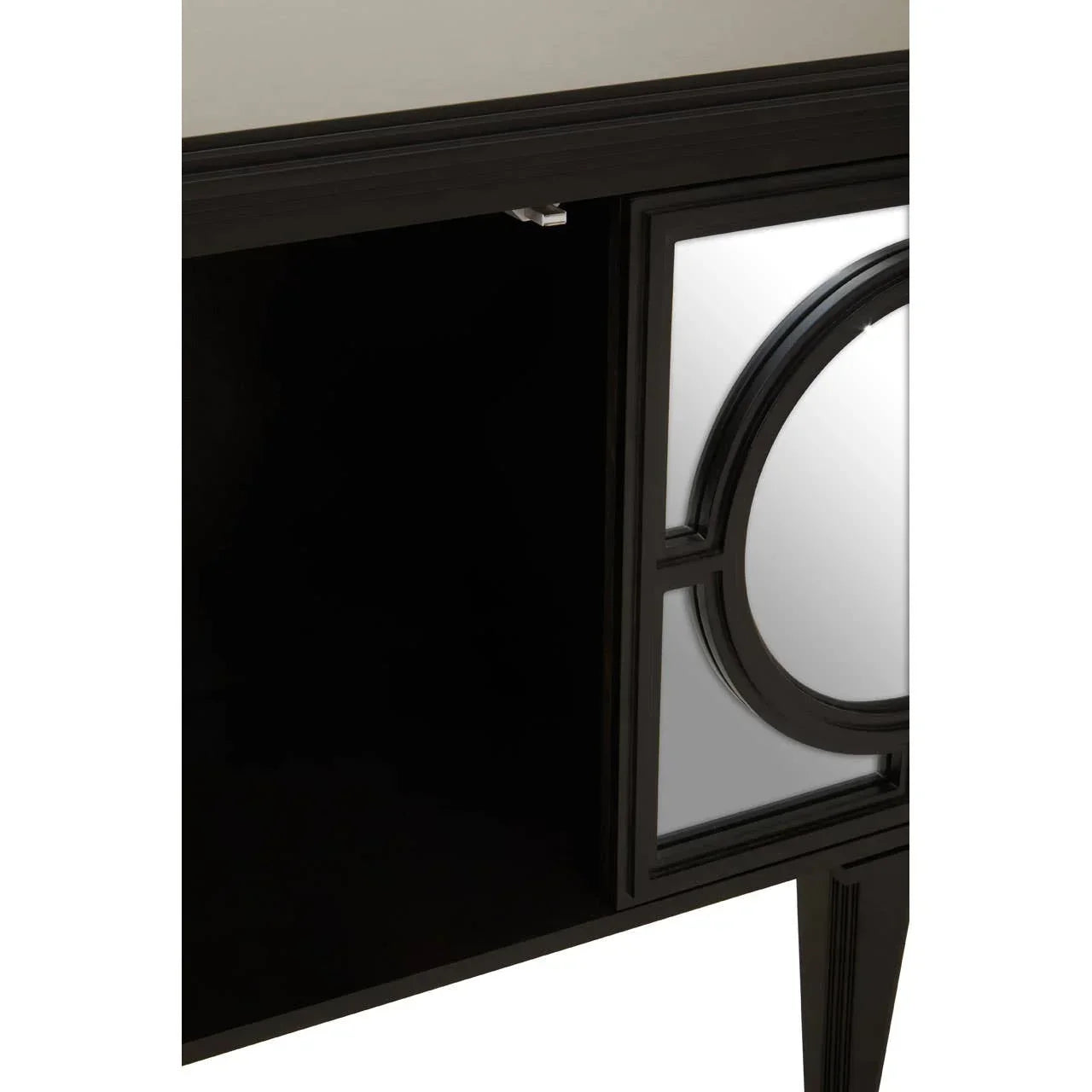 Black sideboard cabinet with mirrored door and geometric frame detail, close-up view