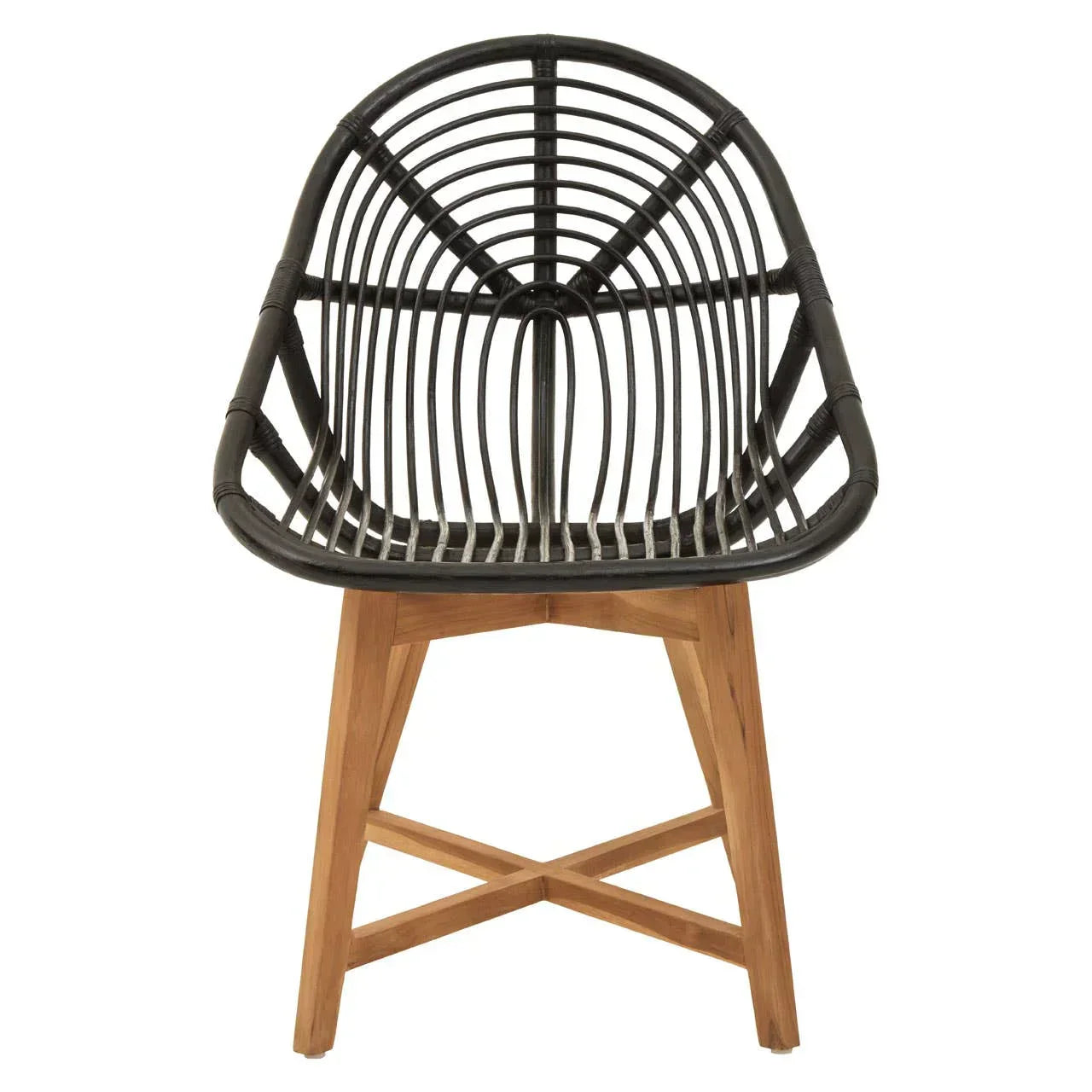 Black rattan accent chair with curved seat and wooden crossed legs, front view
