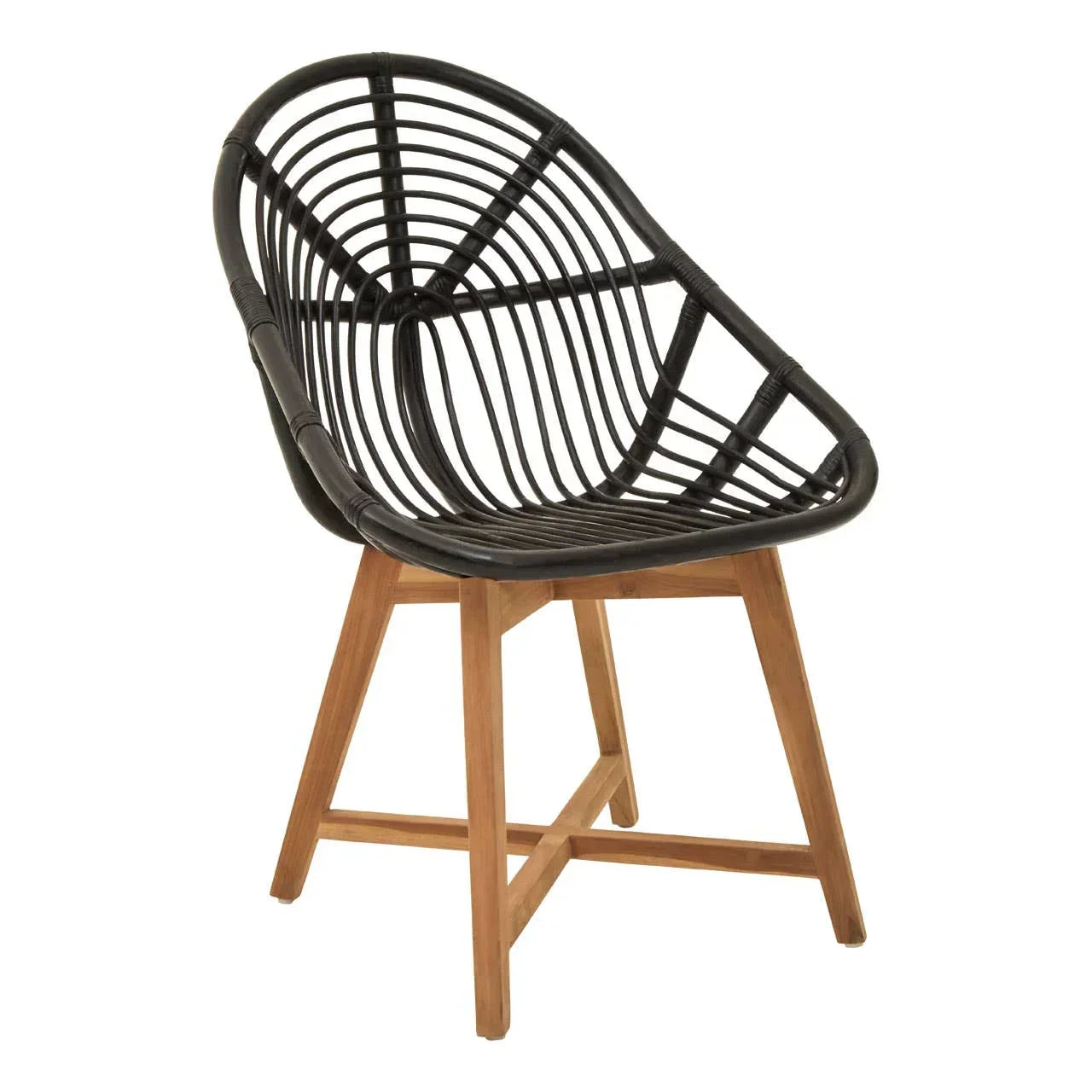 Black rattan accent chair with curved seat and wooden legs on white background