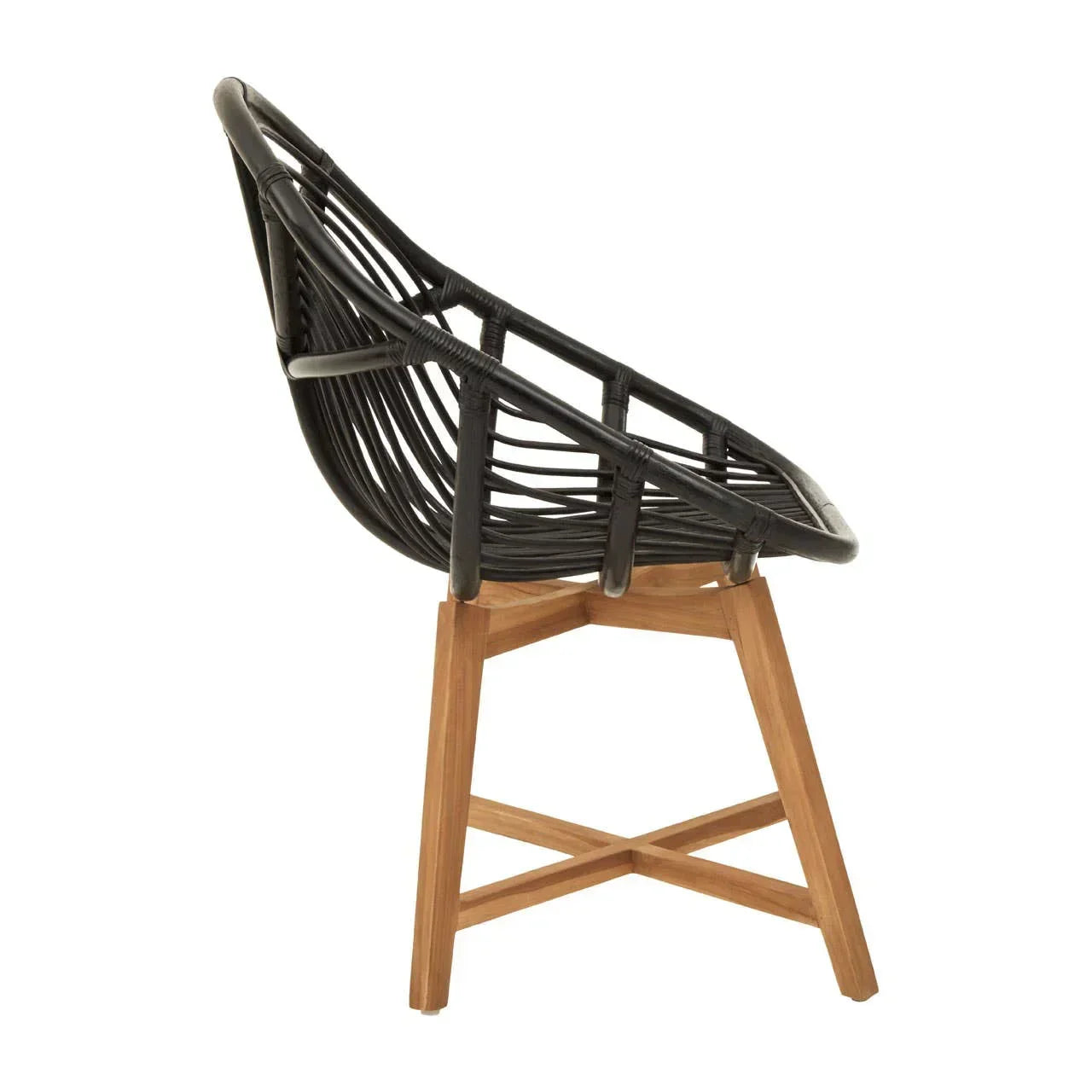 Black rattan accent chair with curved back and wooden legs side view