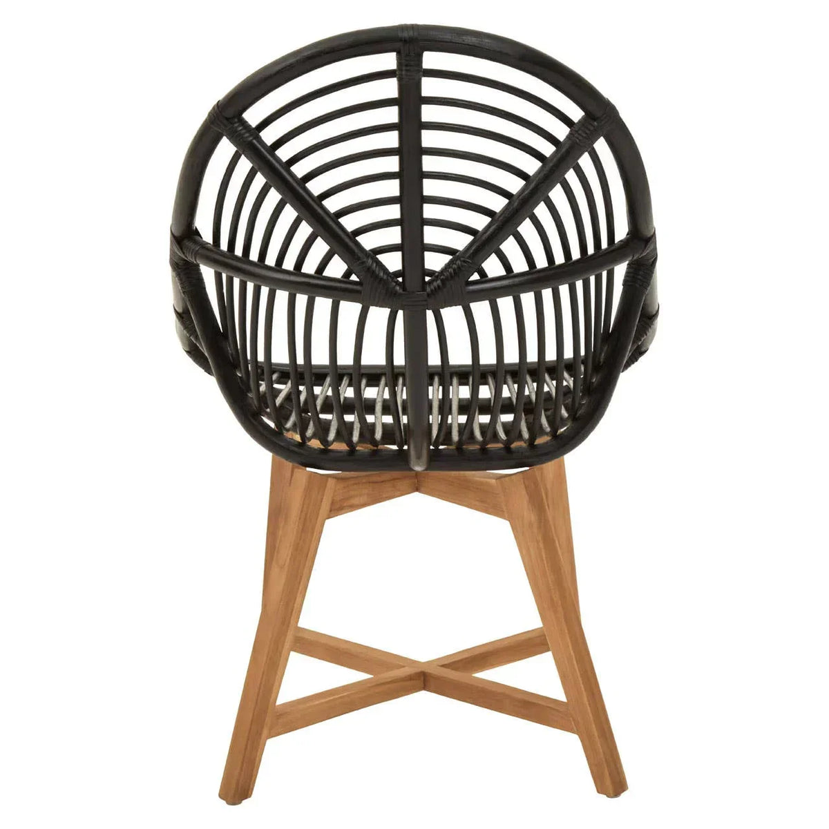 Black rattan accent chair with curved back and wooden legs, rear view