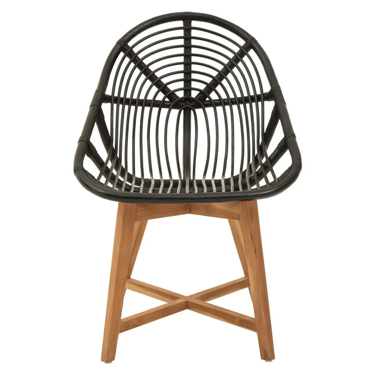 Black rattan dining chair with curved back and wooden legs, front view