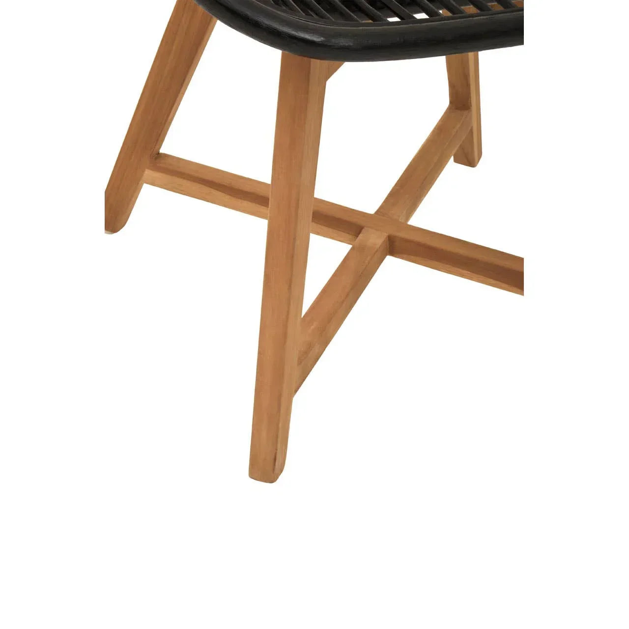 Closeup of wooden chair legs with a black rattan seat detail