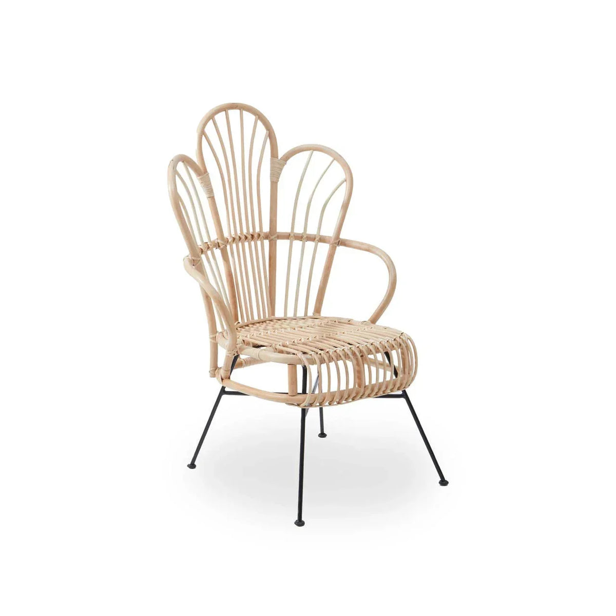 Natural rattan accent chair with sculpted backrest and black metal legs