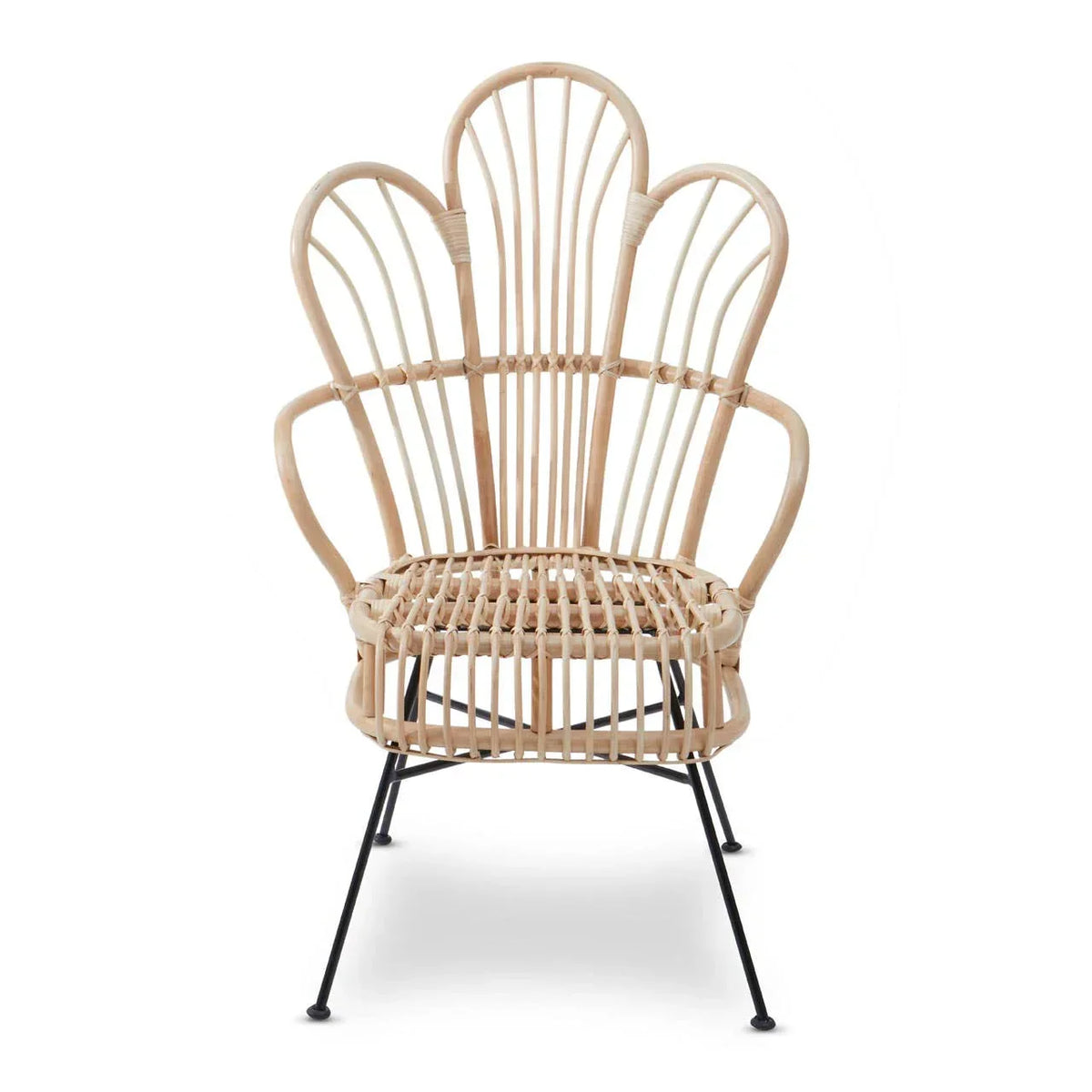 Natural rattan armchair with curved backrest and black metal legs, front view