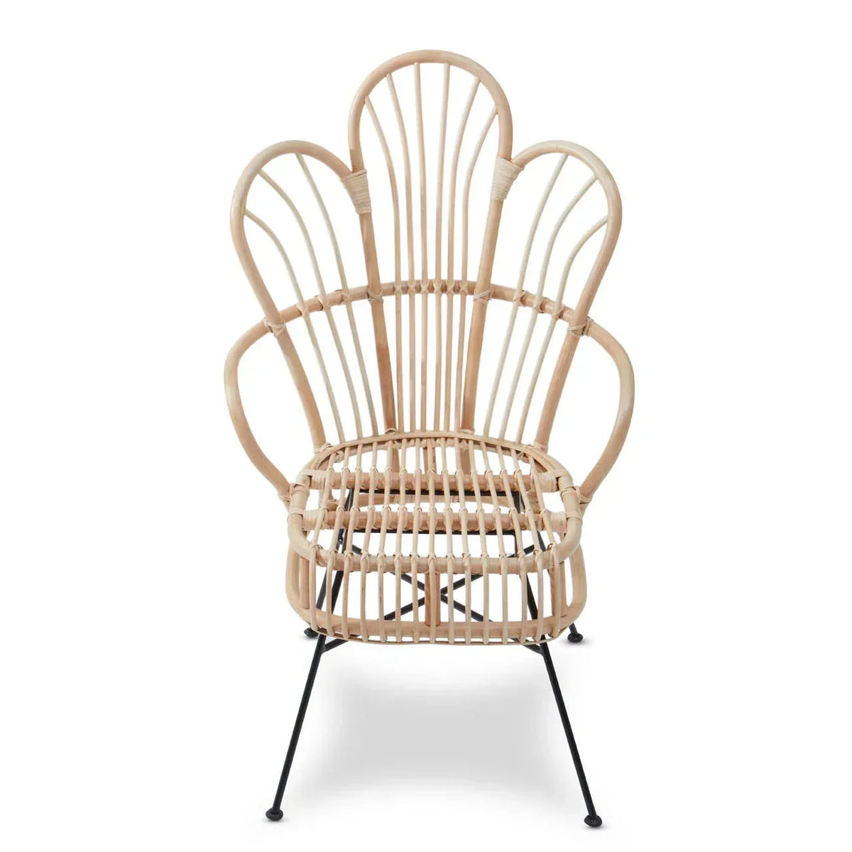 Natural rattan accent chair with curved backrest and black metal legs, front view