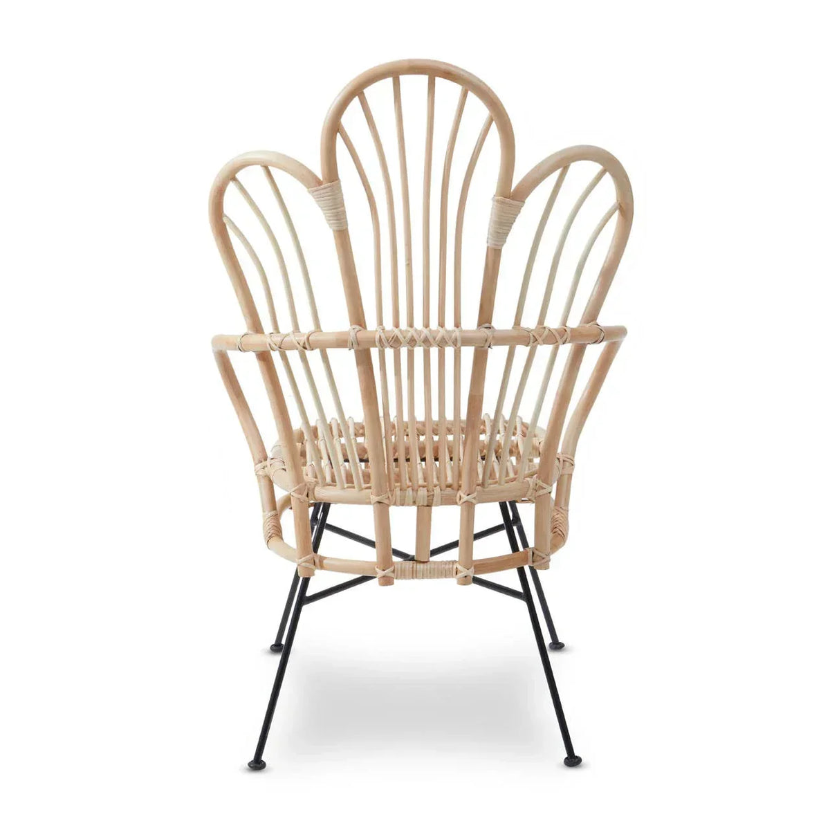 Natural rattan chair with curved backrest and black metal legs on white background
