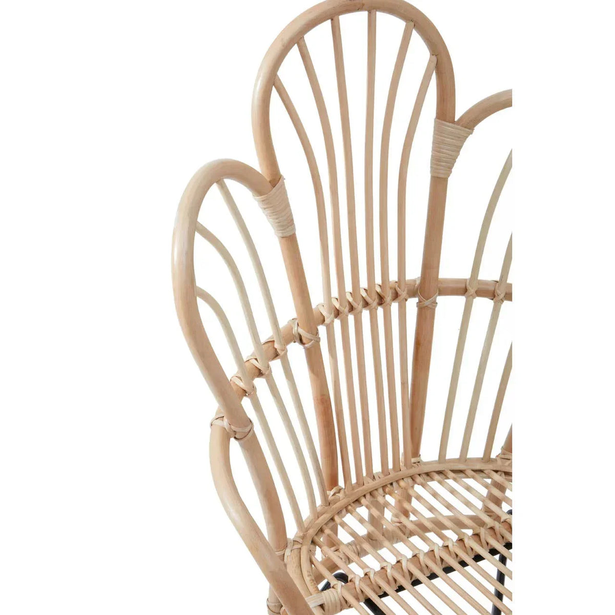 Curved rattan accent chair with open weave back and natural finish