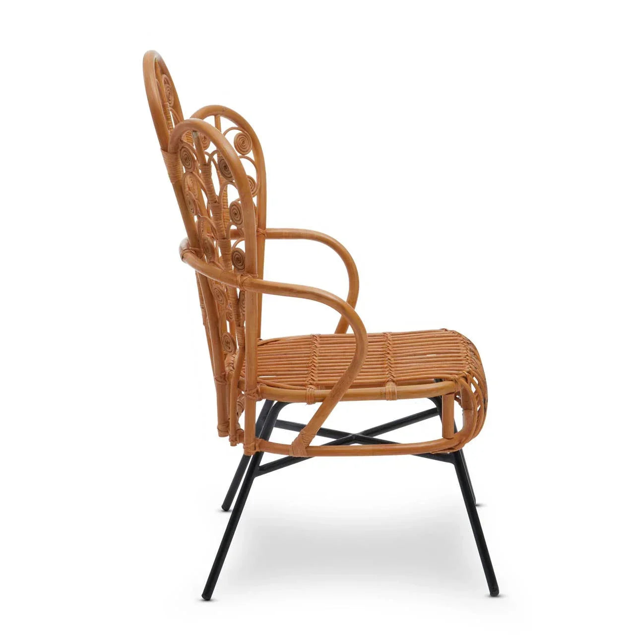 Side view rattan armchair with black metal legs and decorative woven backrest