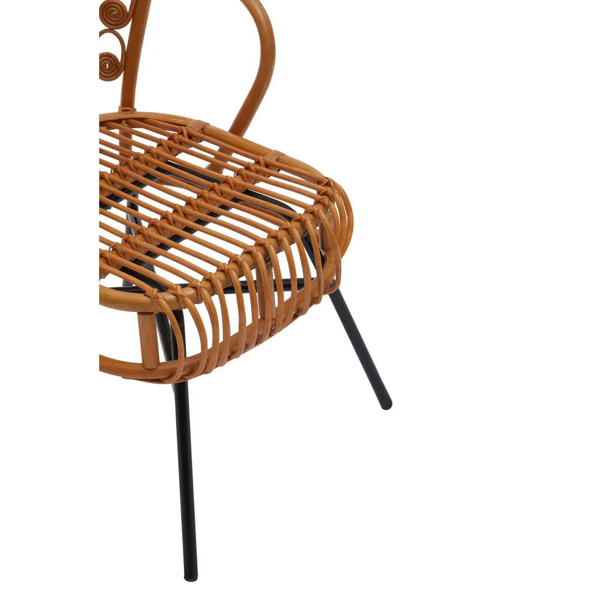 Closeup of rattan dining chair with curved brown seat and black metal legs