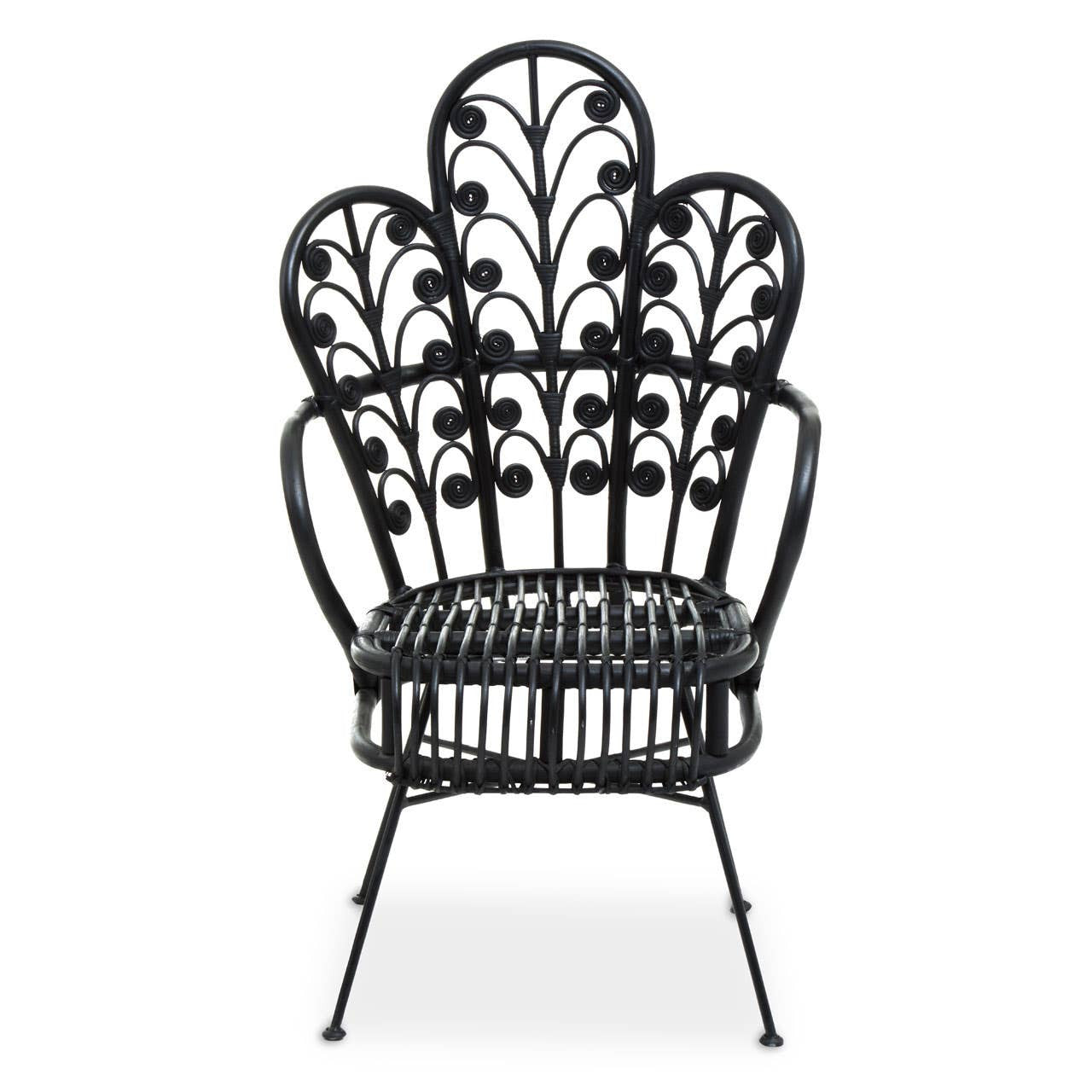 A black rattan chair featuring a scalloped back design with intricate leaf patterns, supported by slender metal legs. The chair has a wide seat and a stylish, open silhouette, suitable for indoor or outdoor use
