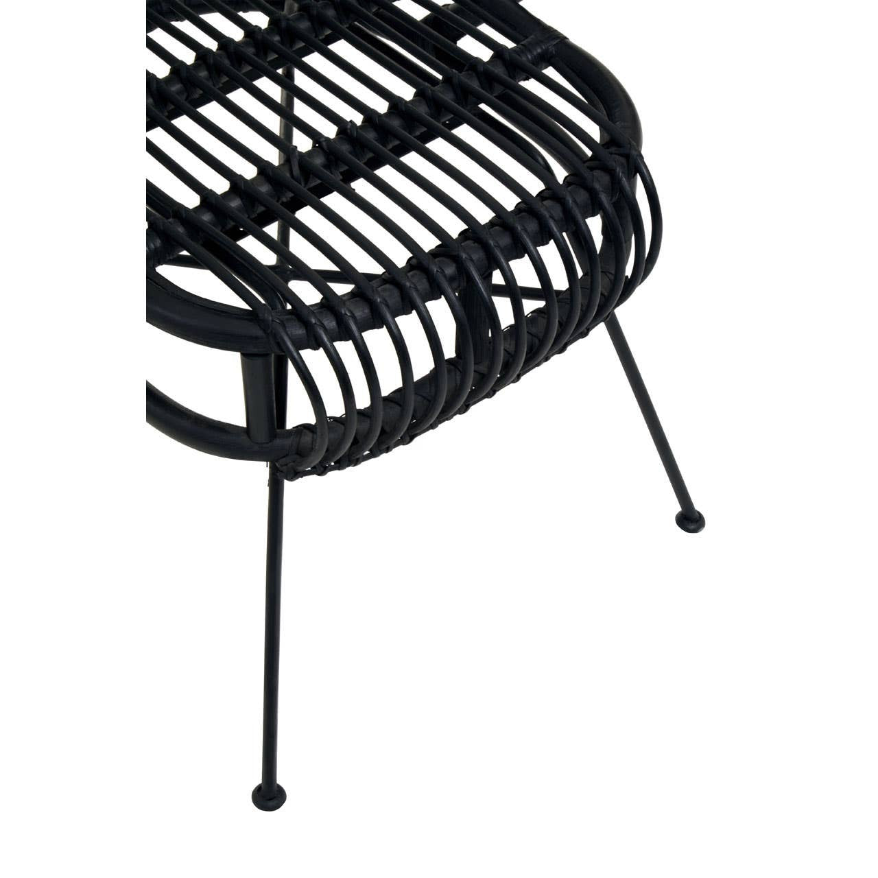 Black rattan chair with a scalloped back design, featuring a slatted seat and slender metal legs. The chair has a modern aesthetic and is suitable for indoor or outdoor use