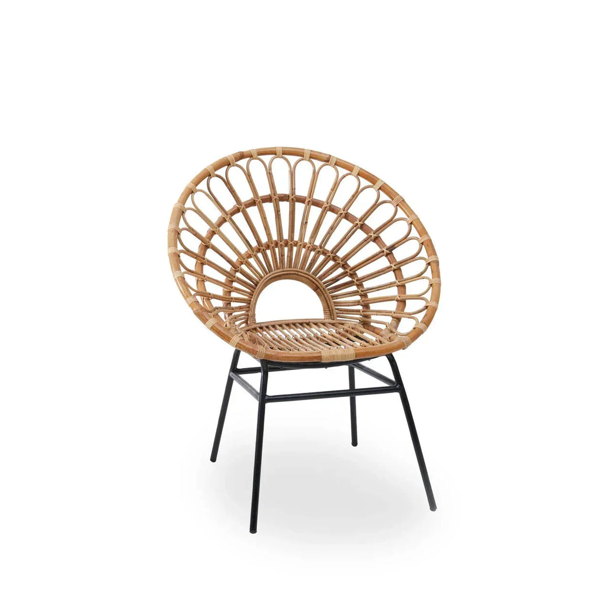 Round rattan accent chair with open weave back and black metal legs