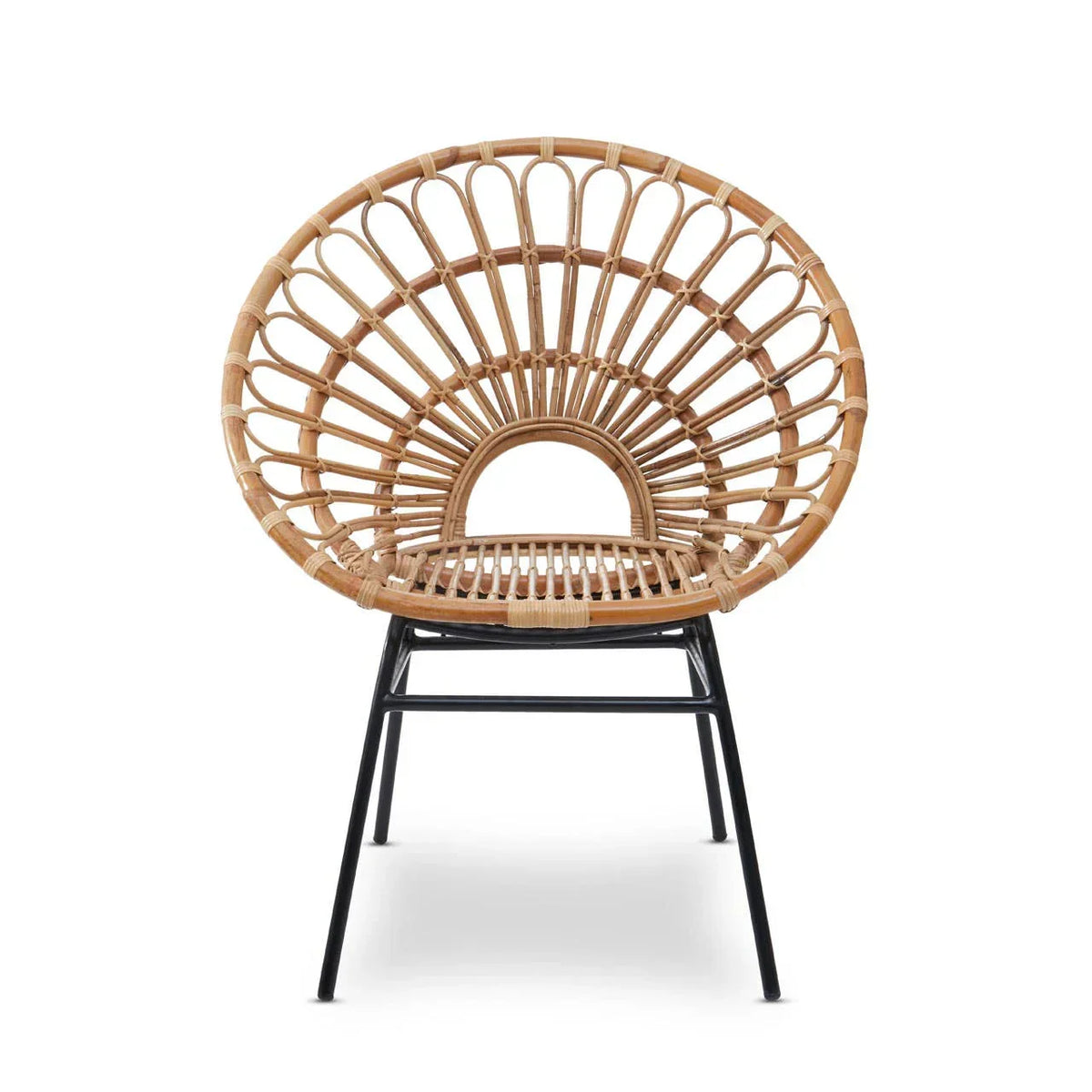 Round rattan chair with curved backrest and black metal legs on white background