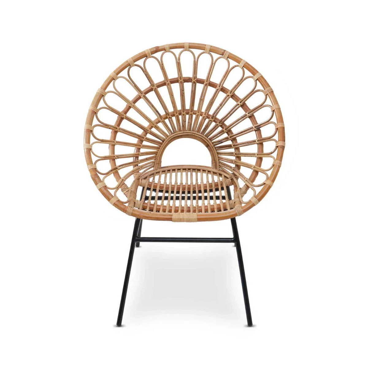 Round rattan accent chair with black metal legs, woven backrest and open airy design