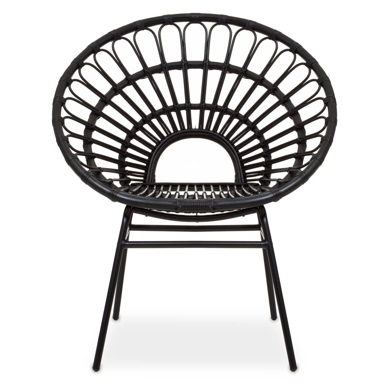 A flared back chair made of black natural rattan, featuring a circular design with a wide, open back and a sturdy metal frame. The chair has four legs and a minimalist aesthetic, suitable for modern home decor