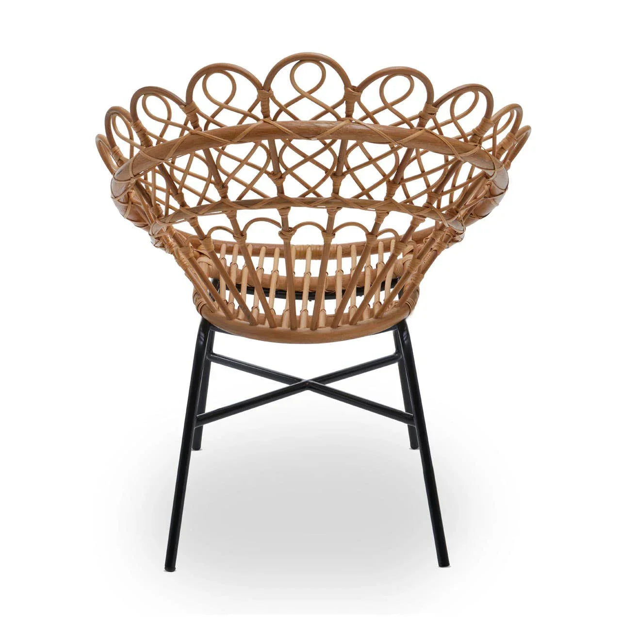 Round rattan accent chair with black metal legs and intricate woven backrest