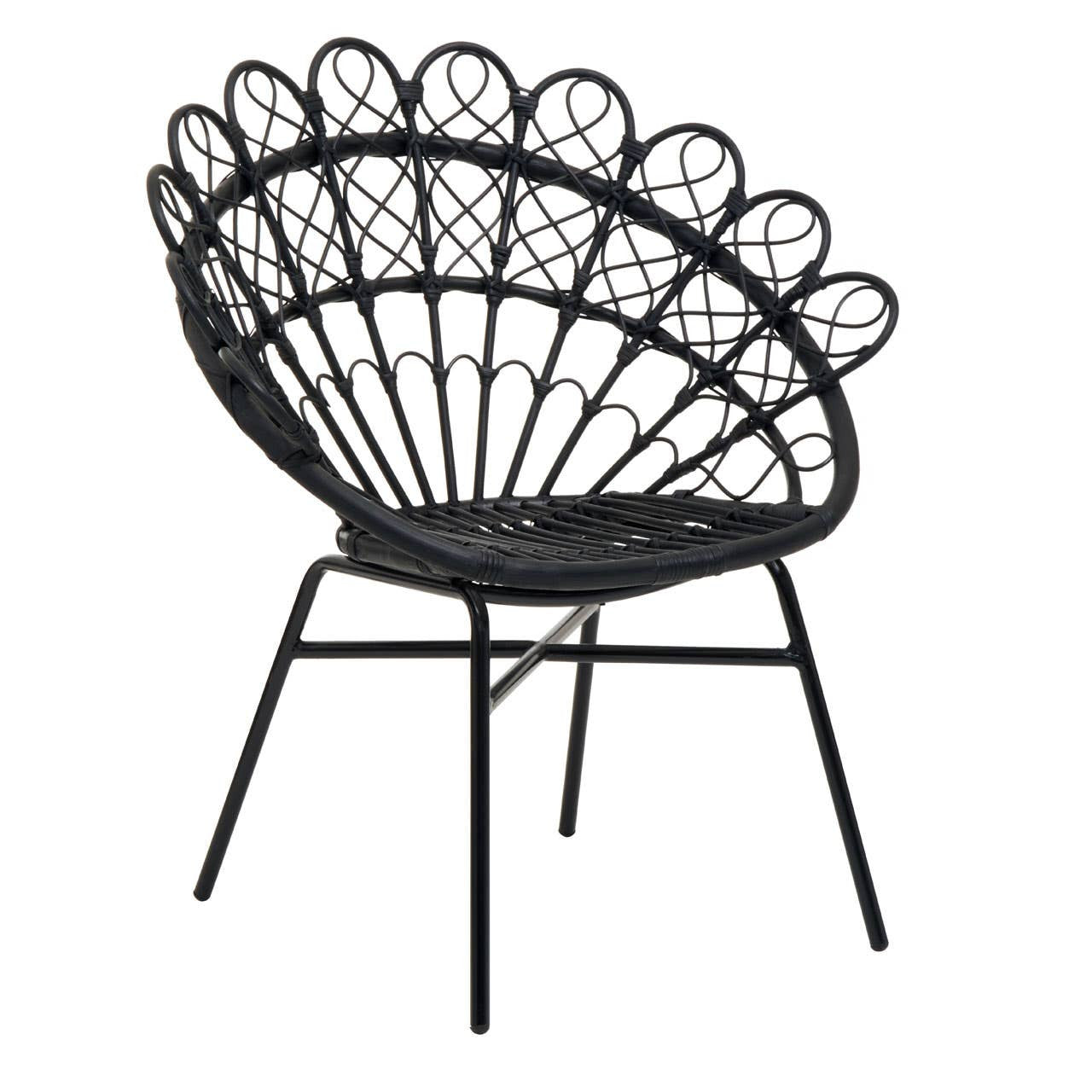 A stylish peacock chair featuring a black natural rattan design with a curved backrest and intricate woven details, supported by slender black metal legs. The chair showcases a fan-shaped silhouette, adding a modern touch to home decor