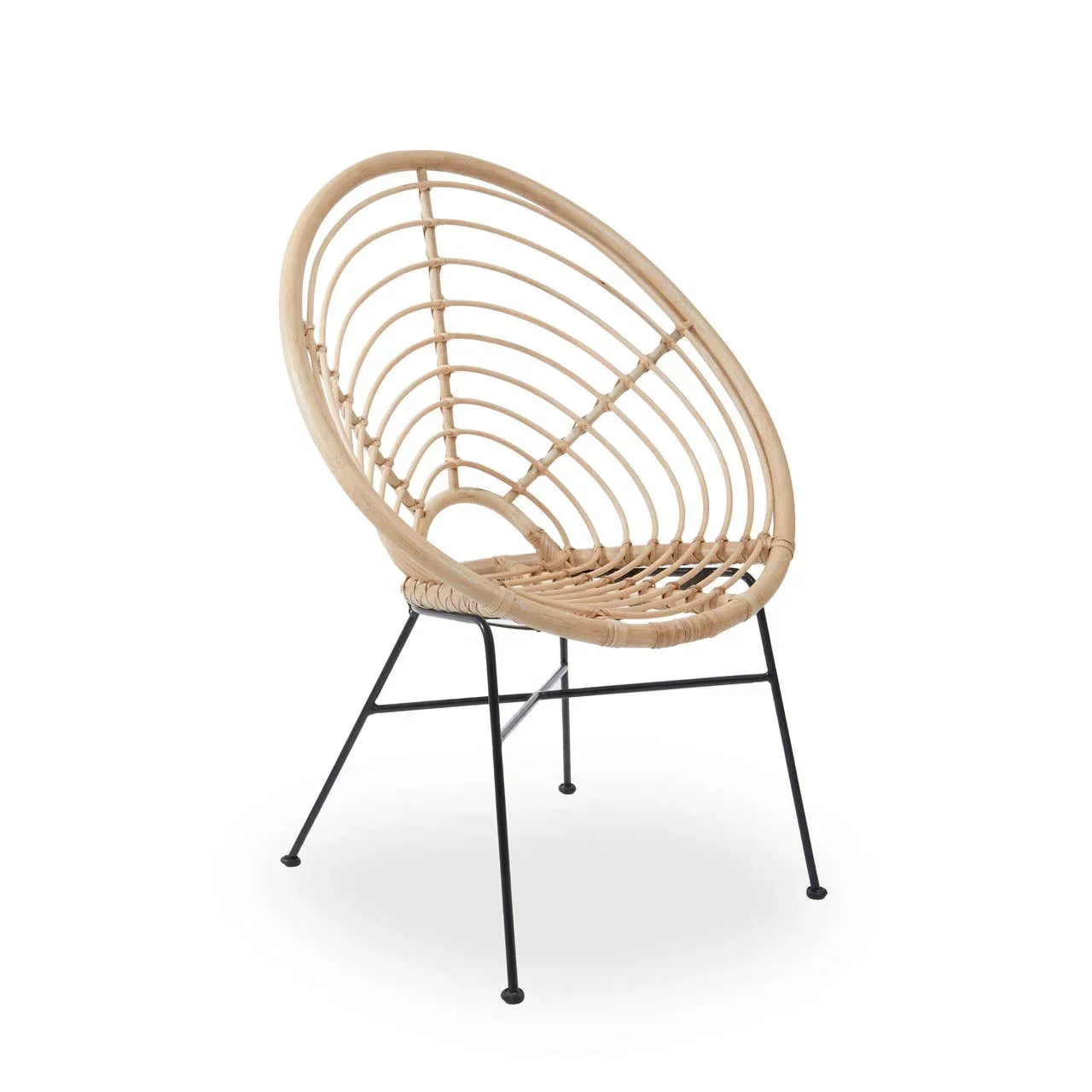 Round rattan accent chair with black metal legs on white background