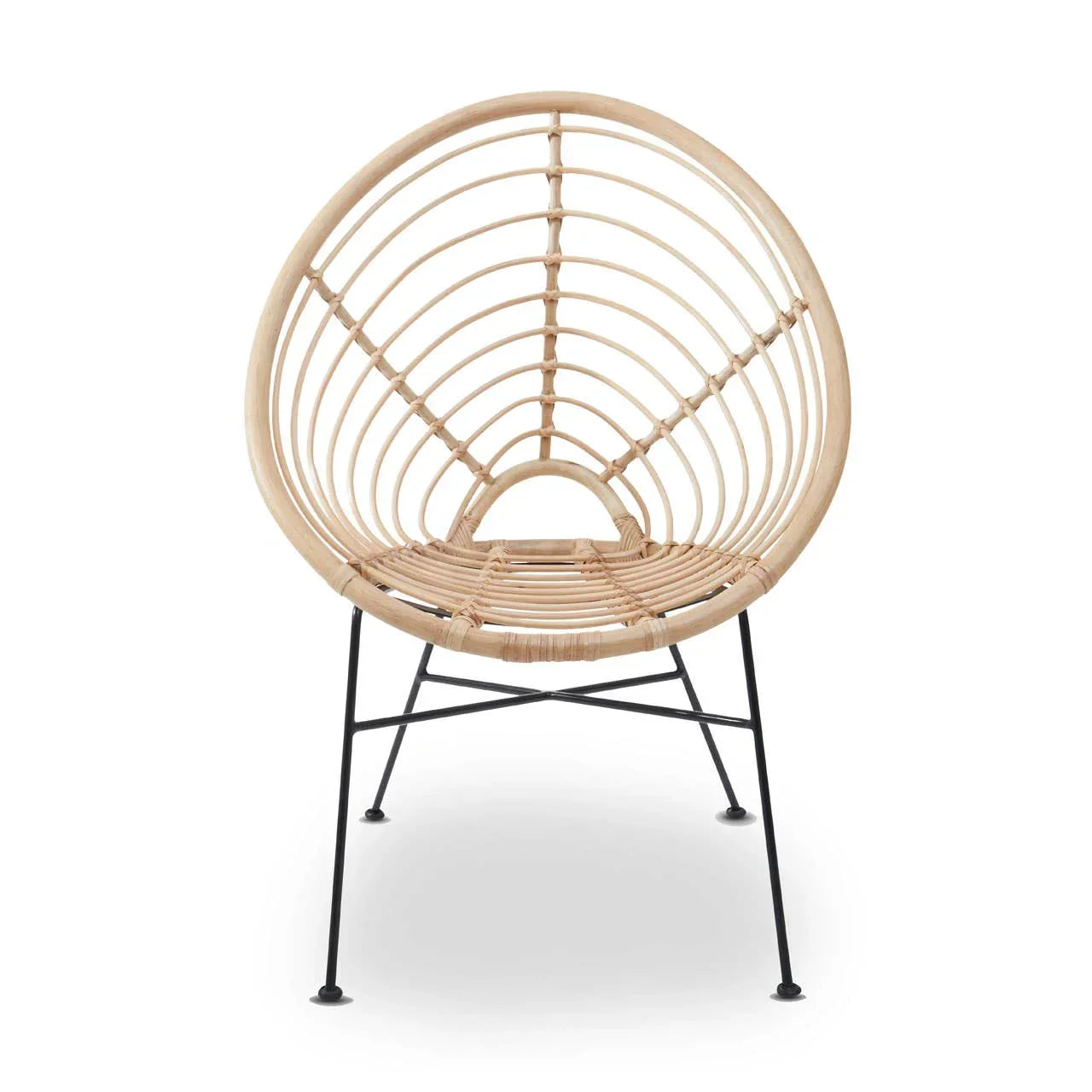Round rattan accent chair with open weave design and black metal legs, front view