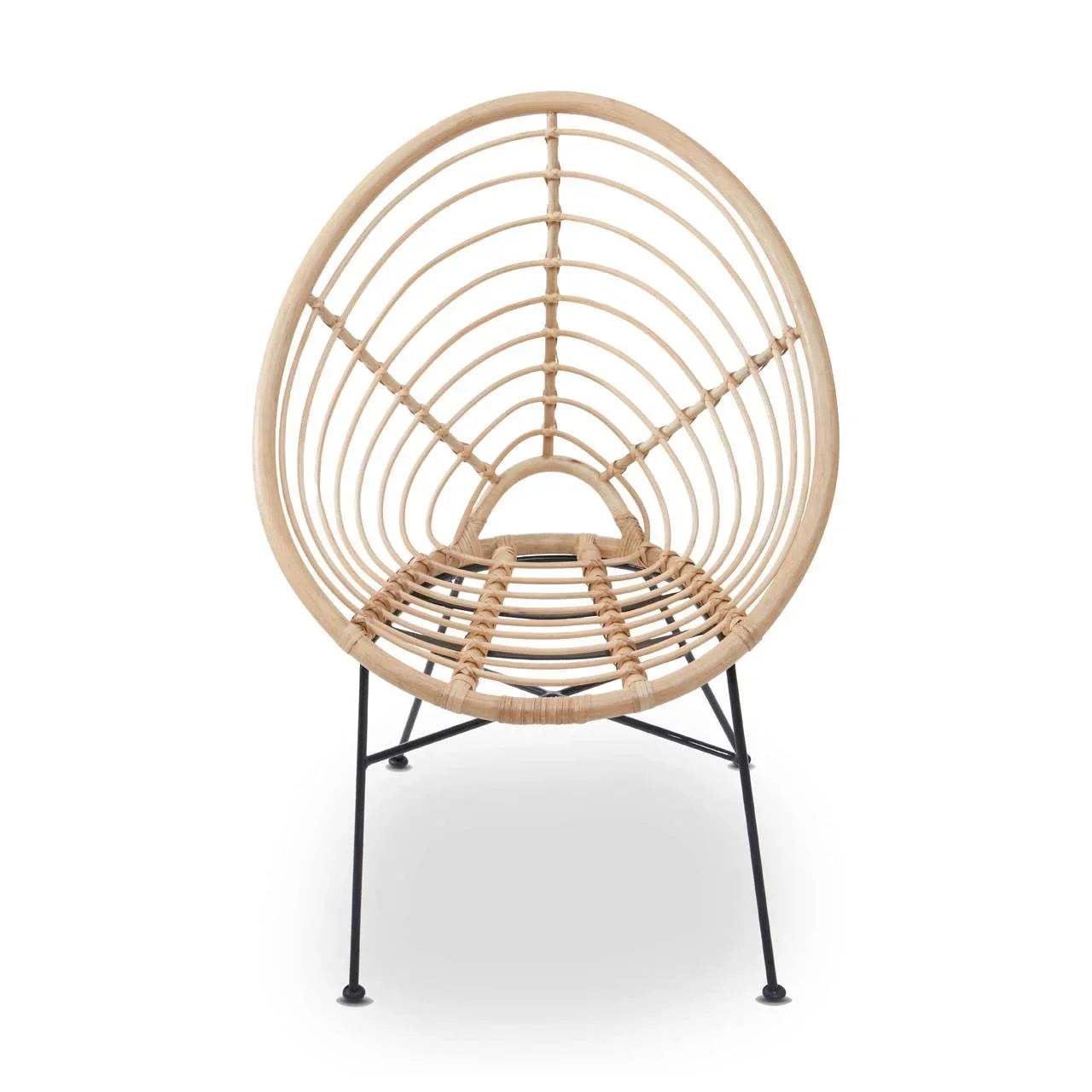 Round rattan accent chair with open weave seat and black metal legs, front view