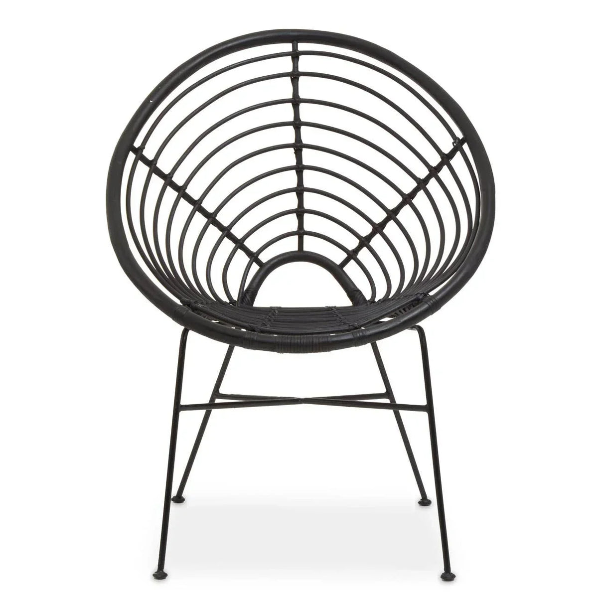 Black rattan accent chair with round open weave backrest and metal legs, front view