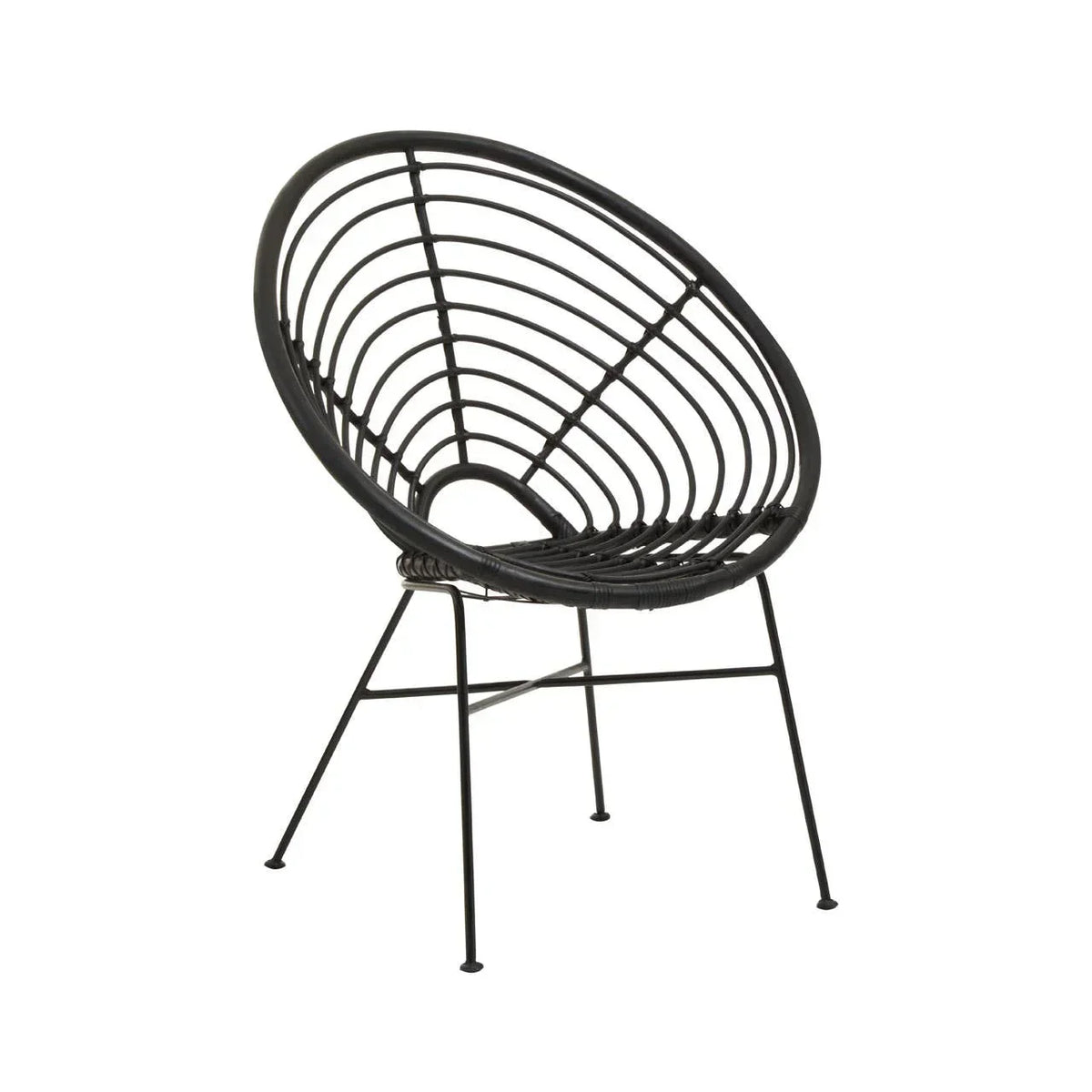 Black rattan accent chair with circular backrest and metal legs on white background